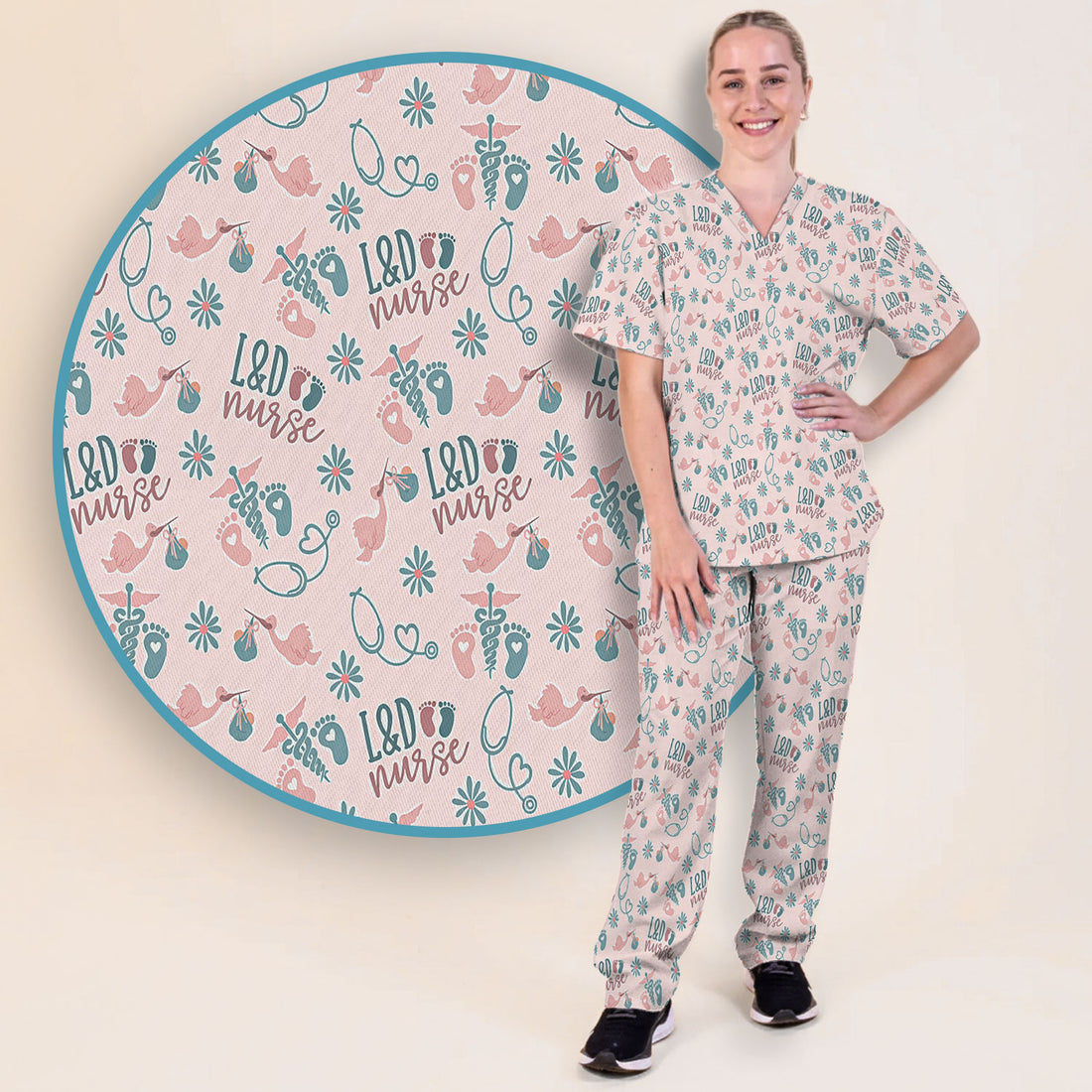 Cute Labor and Delivery Print V Neck Medical Scrub Set Maternity Uniform