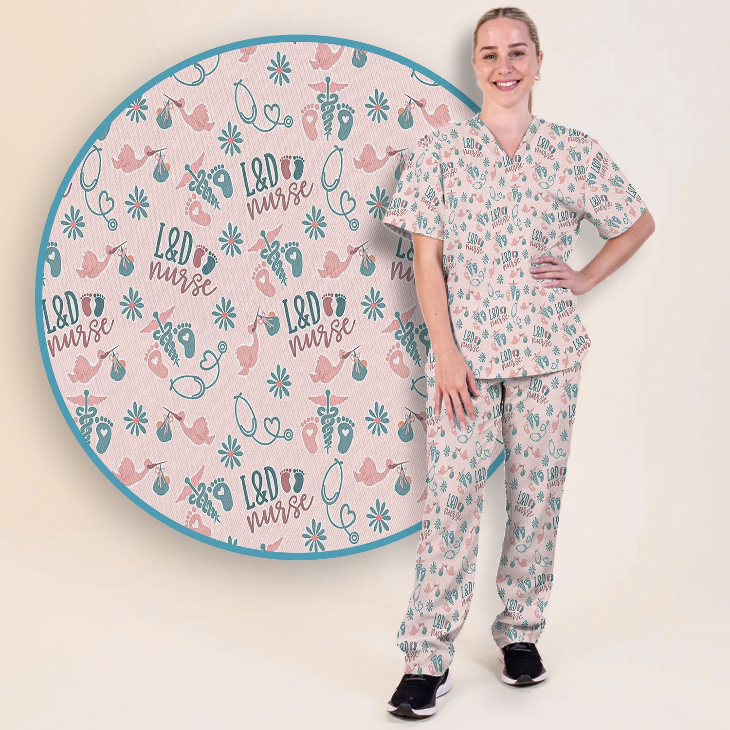 Cute Labor and Delivery Print V Neck Medical Scrub Set Maternity Uniform