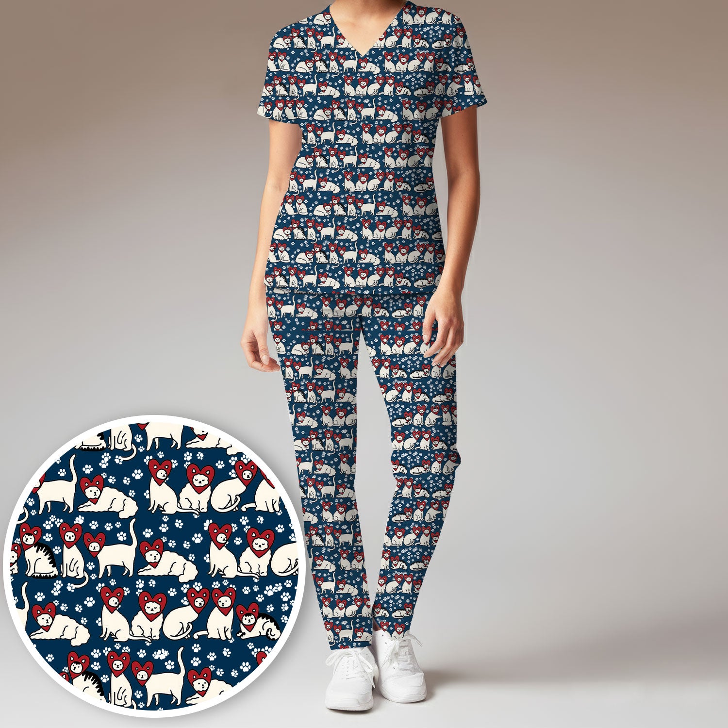 Cute Cat Heart Pattern Scrub Set, Funny Cat Scrub Shirt For Nurses, Breathable Fabrics Nursing Uniform