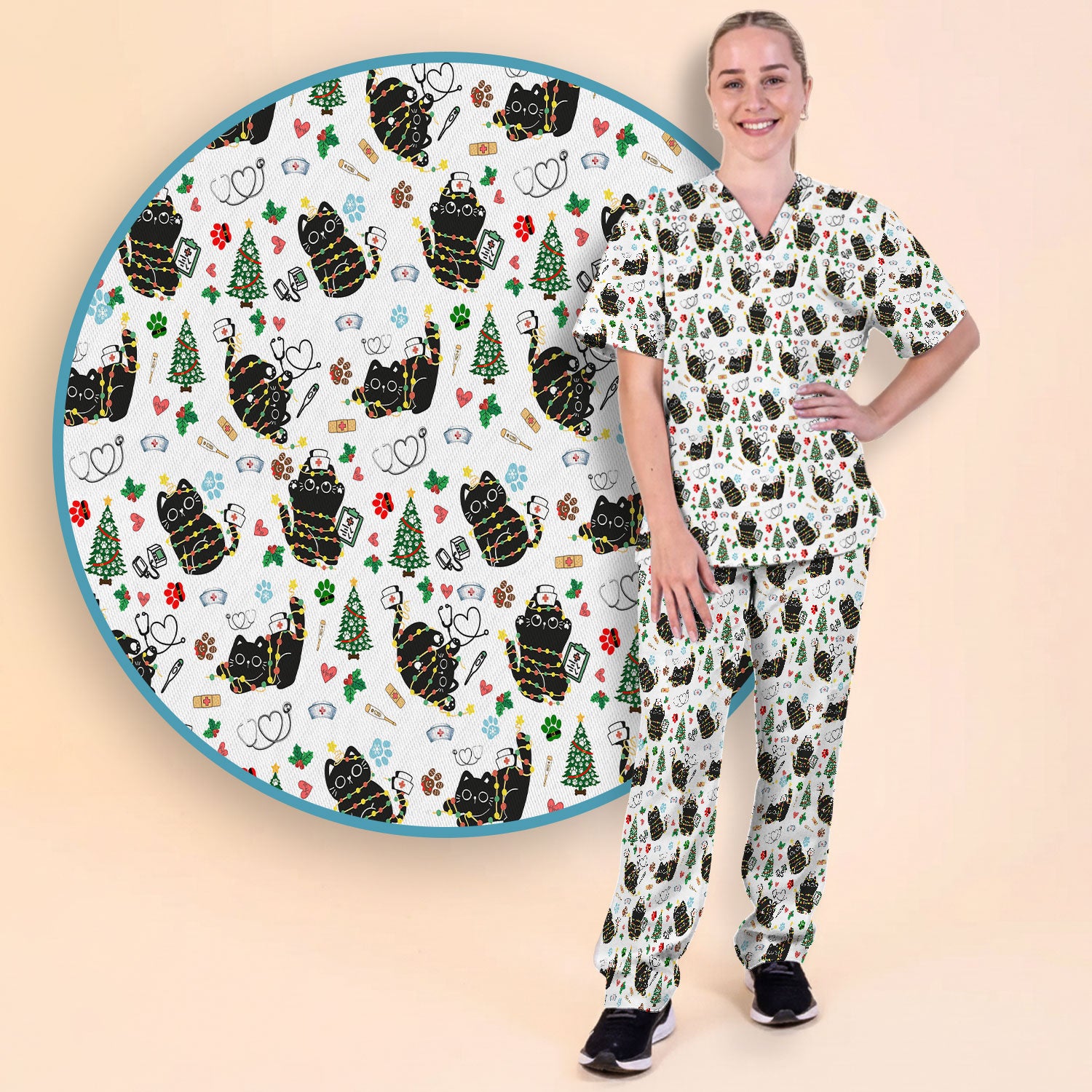 Funny Black Cat Christmas Scrub Set – Cute Holiday Kitty Pattern – Festive Medical Uniform for Nurses, Vets, and Cat Lovers