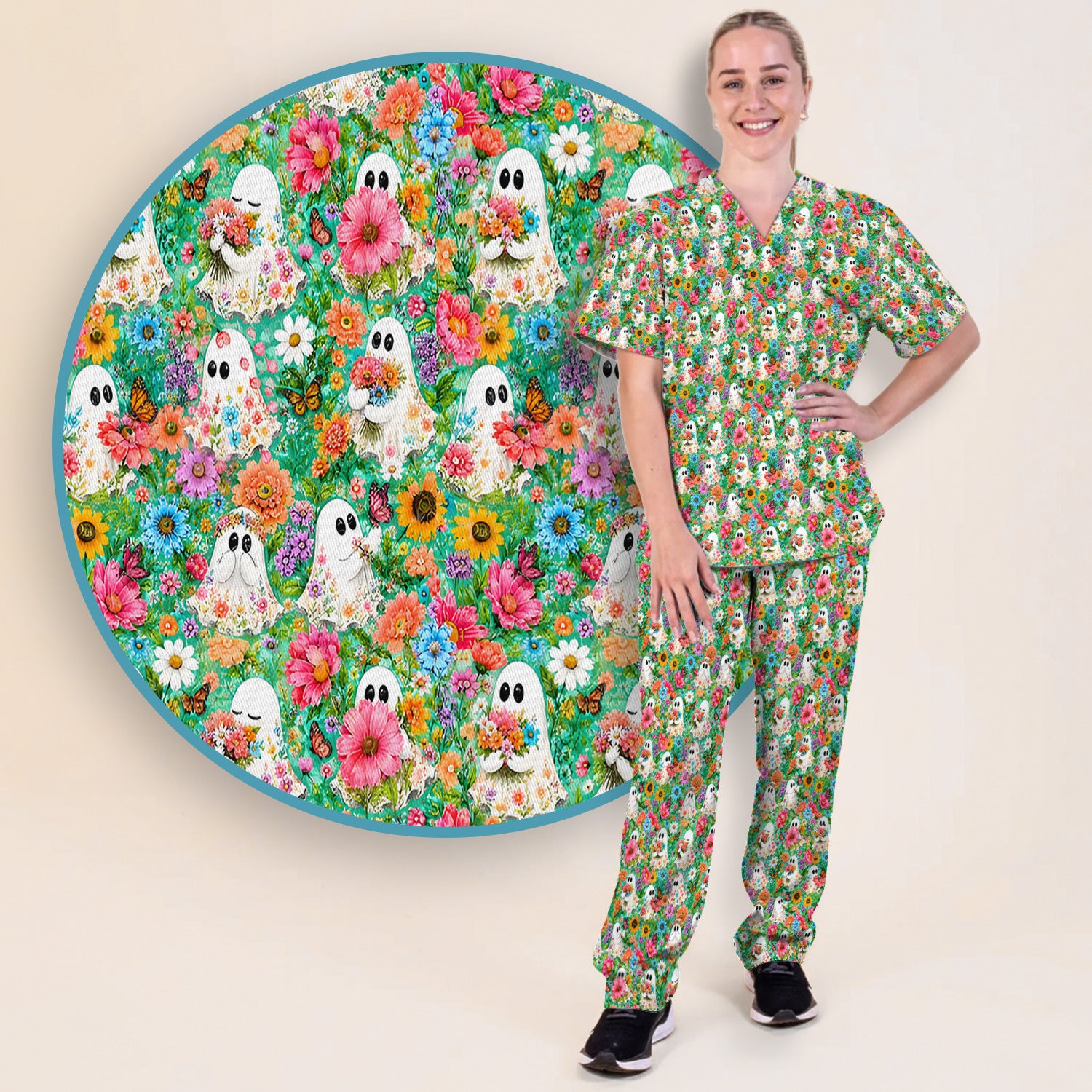 Cute Halloween Floral Ghosts Scrub Set, Scrub Pants and V Neck Top