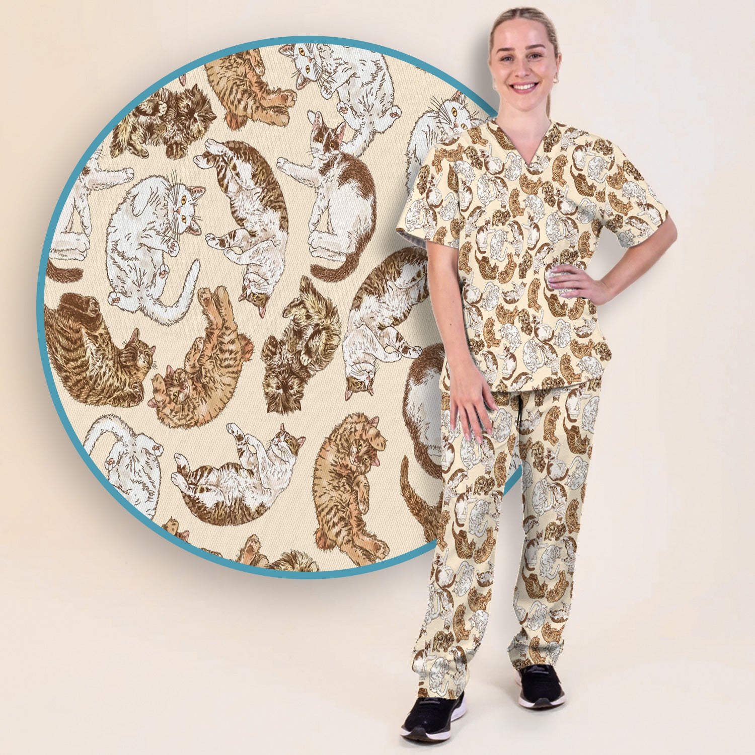 Cute Lazy Cat Nap Pattern Scrub Set, Scrub Pants and V Neck Top