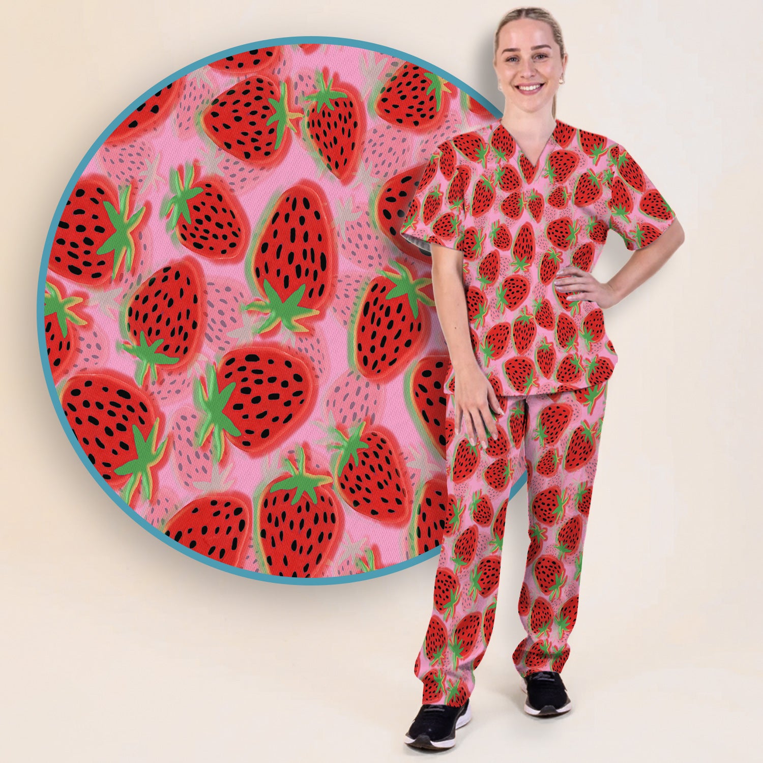 Pink Strawberry Pattern Scrub Set, Scrub Pants and V Neck Top