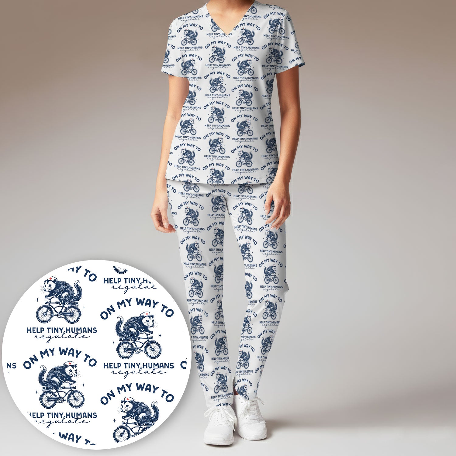 Featuring Biking Opossum With Funny Quote Print Set, Women's Scrub Sets