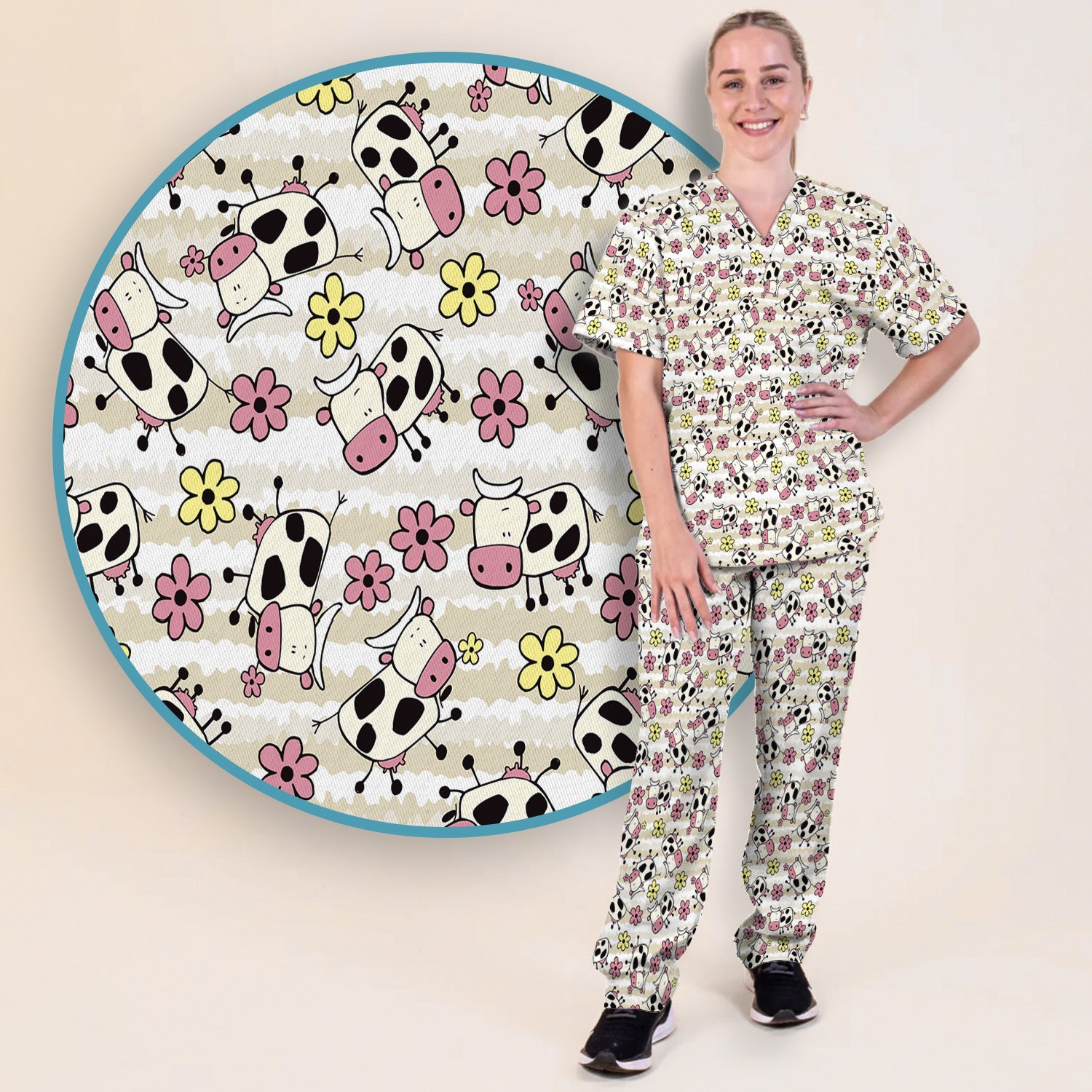 Cute Cartoon Cow Flower Meadow Pattern Nurse Scrub Set, Scrub Pants and V Neck Top
