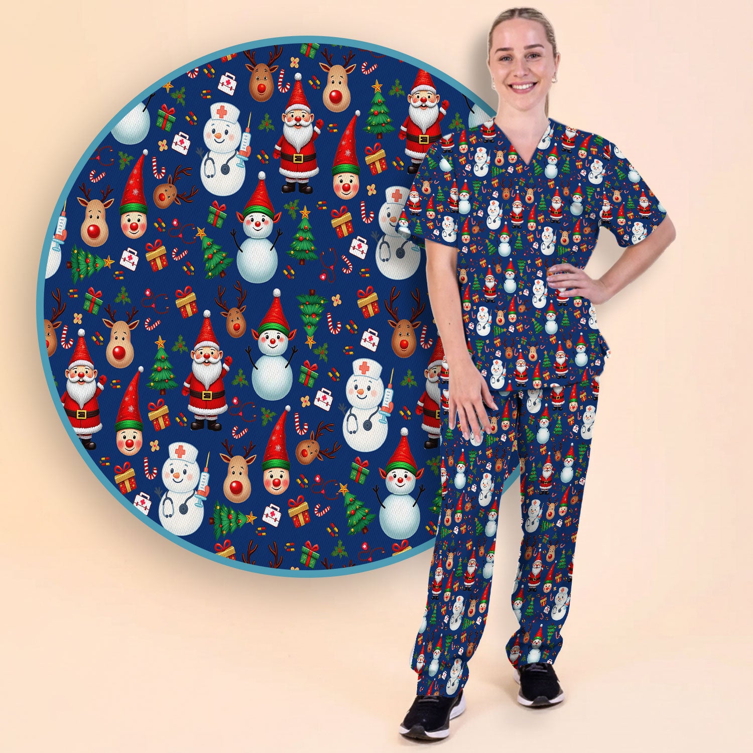 Christmas Nurse Scrub Set - Cute Snowman Santa Reindeer Pattern Medical Uniform - Festive Holiday Scrubs Pants and V Neck Top