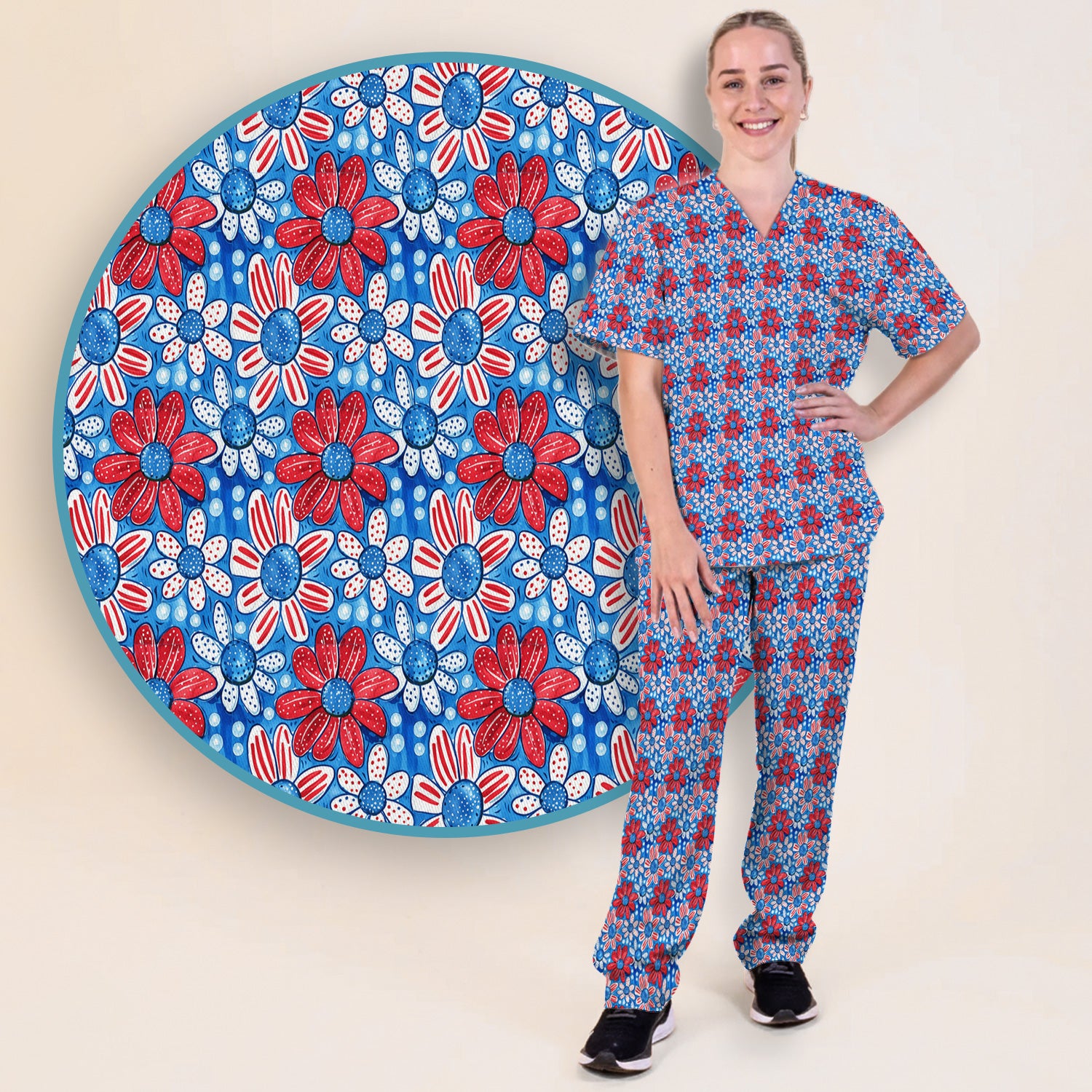 Cute Patriotic Daisy Blossom Repeat Pattern Scrub Set, Scrub Pants and V Neck Top
