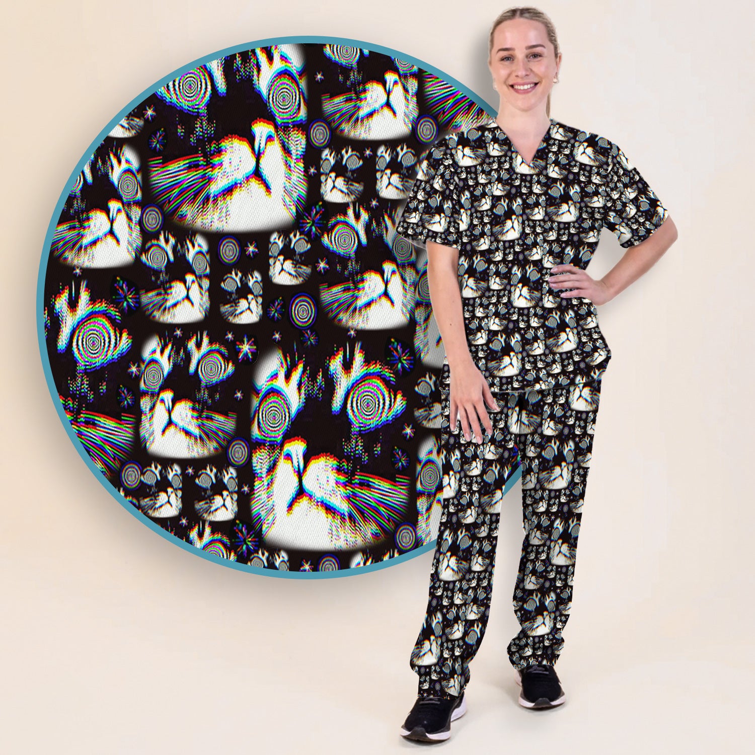 Funny Cosmic Cat Eye Spiral Pattern Scrub Set, Scrub Pants and V Neck Top