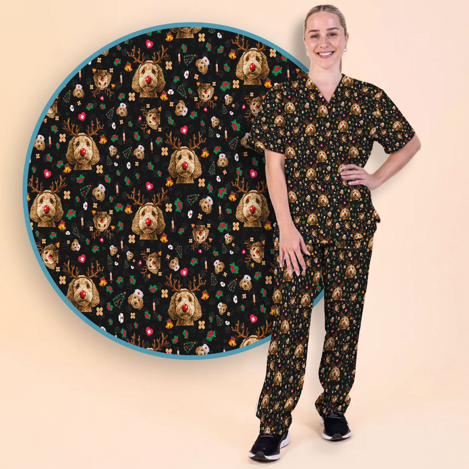 Labradoodle Reindeer Christmas Scrub Set - Funny Dog Nurse Pants and V Neck Top - Cute Holiday Medical Uniform