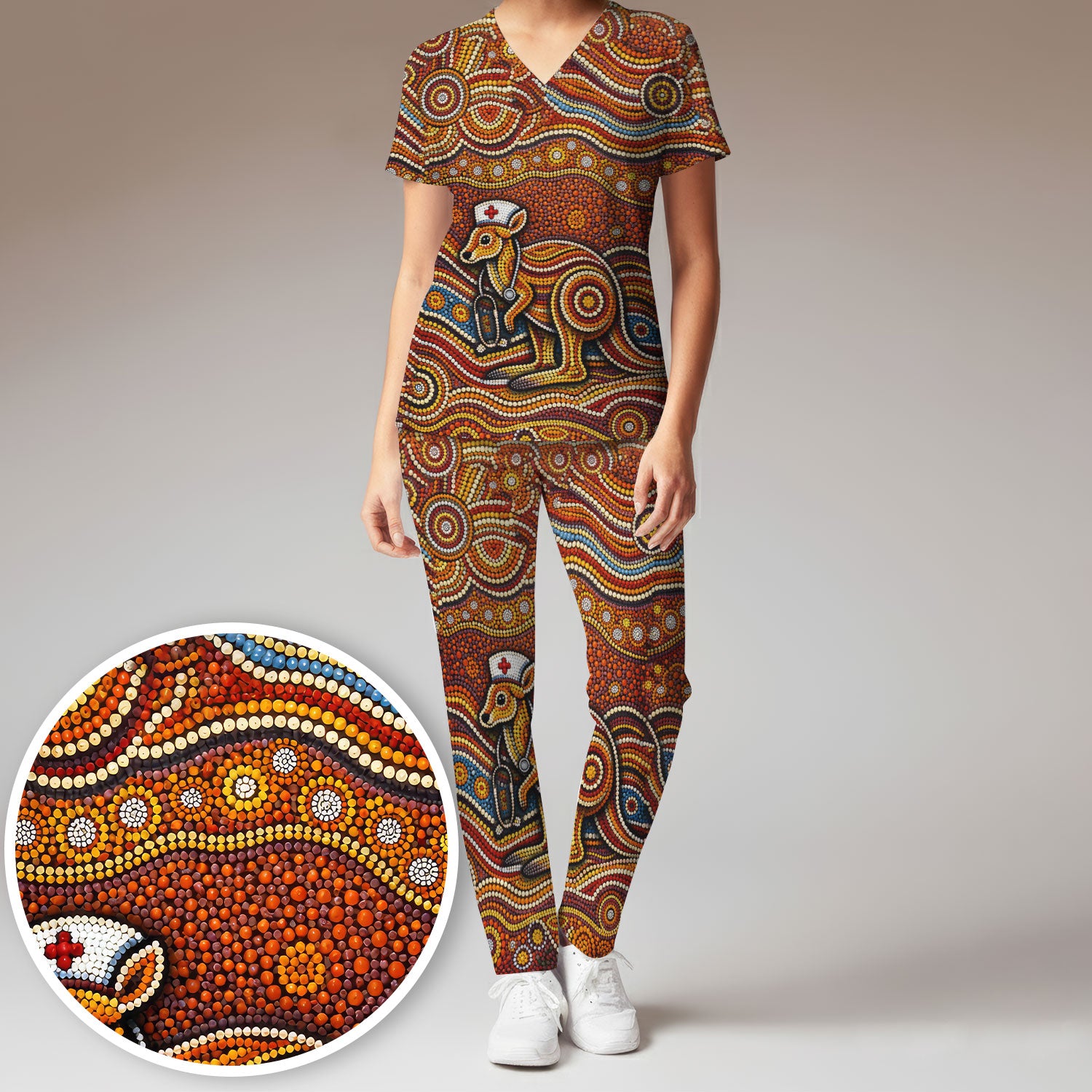 Australian Aboriginal Nurse Scrub Set, Kangaroo Dot Art Medical Nurses Shirt, Breathable Fabrics Nursing Uniform