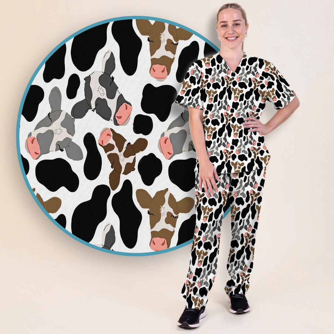 Cute Cow Face Black White Pattern Nurse Scrub Set, Scrub Pants and V Neck Top