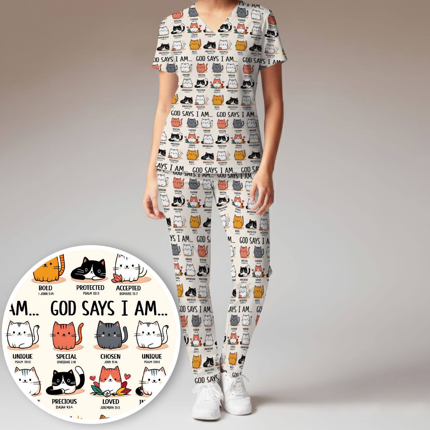 Cute Christian Cat God Says I Am Women's Scrub Set, Breathable Med Uniform