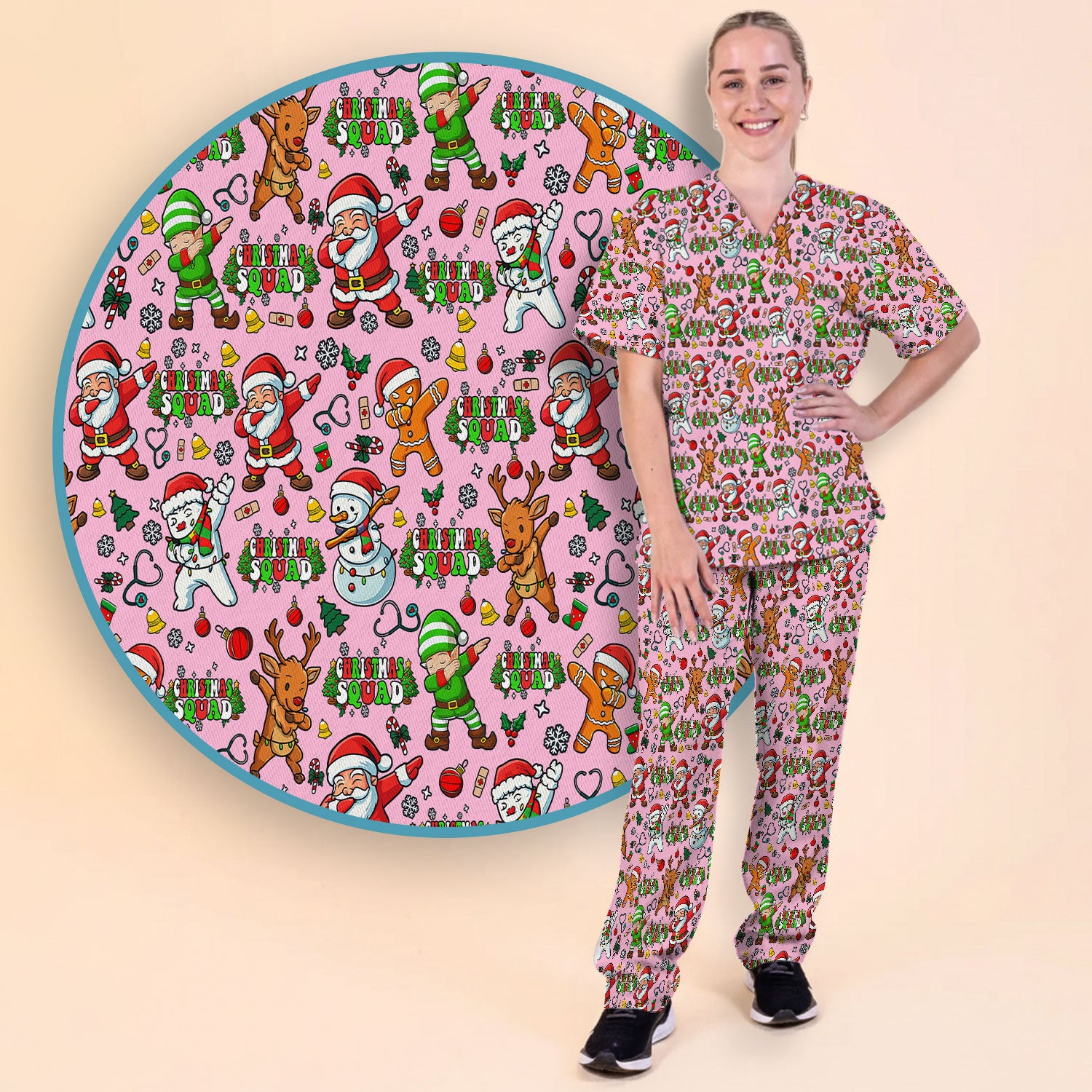 Christmas Squad Scrub Set - Dancing Santa, Reindeer & Elf Pants and V Neck Top - Funny Holiday Gift for Nurses, Doctors & Vet Techs