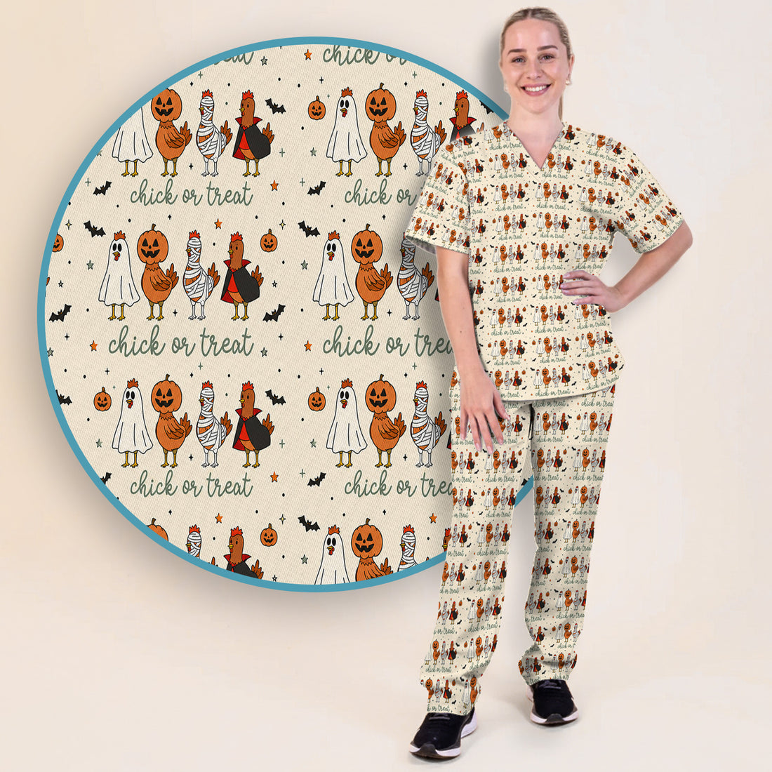 Funny Chick Or Treat Season Scrub Set, Scrub Pants and V Neck Top