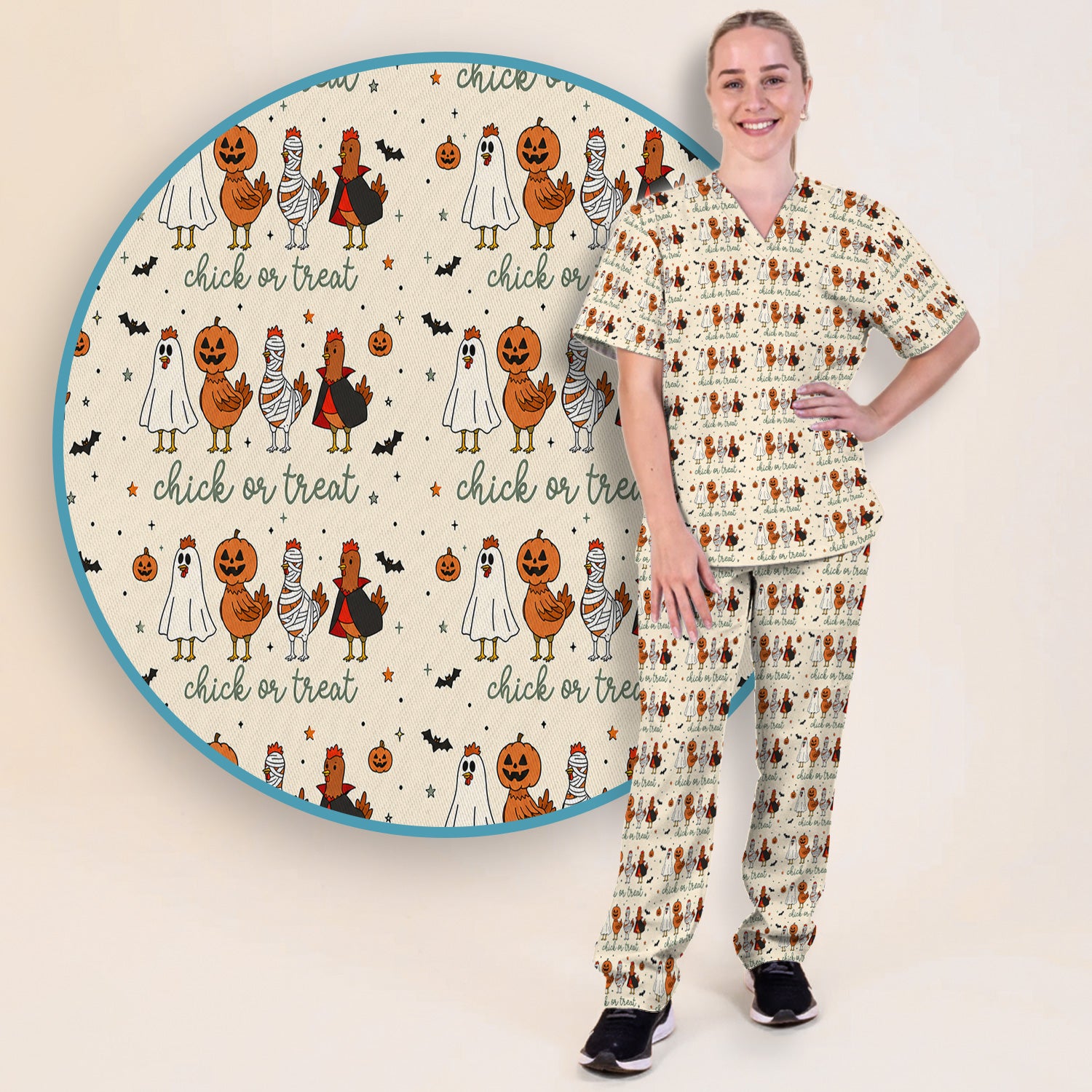 Funny Chick Or Treat Season Scrub Set, Scrub Pants and V Neck Top