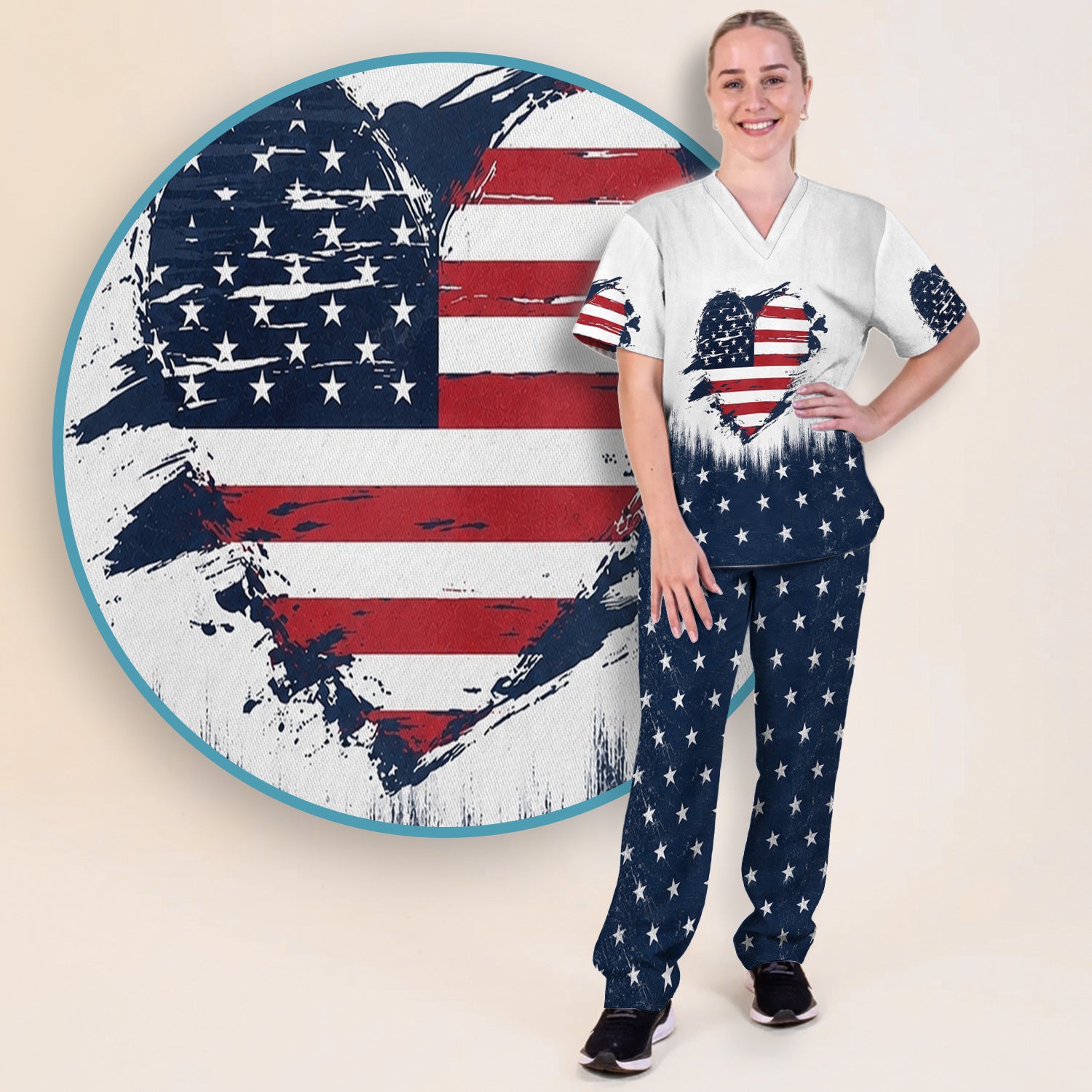 Patriotic Nurse Adorable Scrub Top USA Heart Pattern Scrub Set, Scrub Pants and V Neck Top