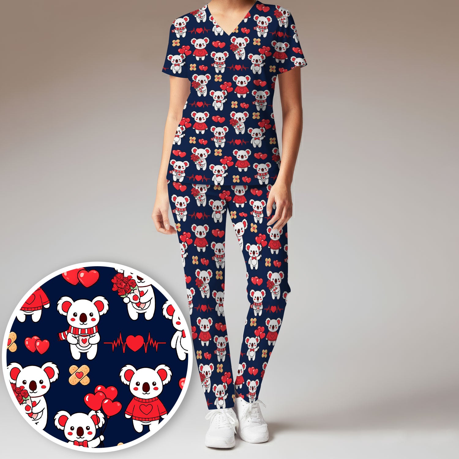Sweet Koala Valentine Medical Design Scrub Set, Breathable Med Uniform