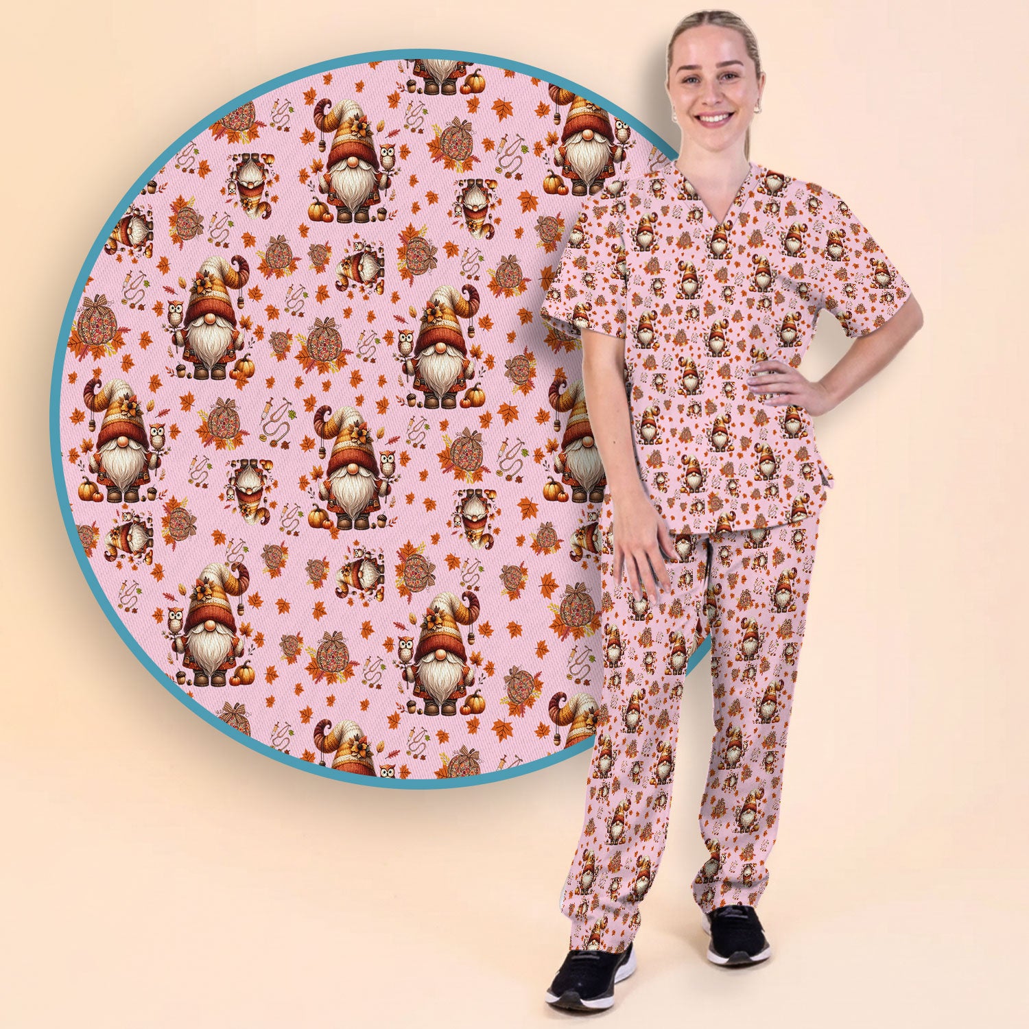 Autumn Leaves Pumpkin Scrubs Set for Women - Gnome Scrubs for Nurse Mama - Breathable Fabrics Nursing Uniform