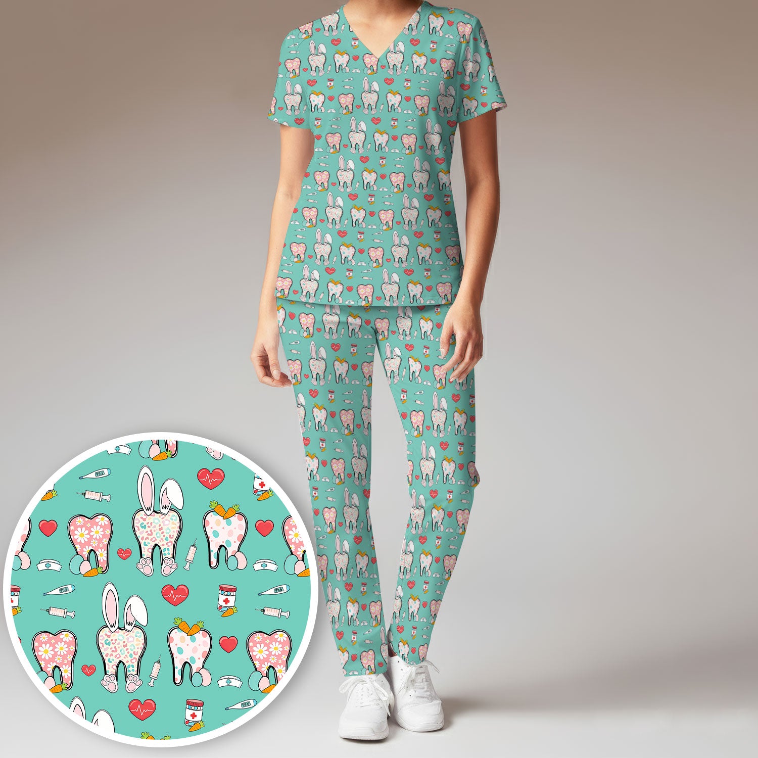 Playful Bunny Dentist Illustration Medical Set, Scrub Pants and V Neck Top