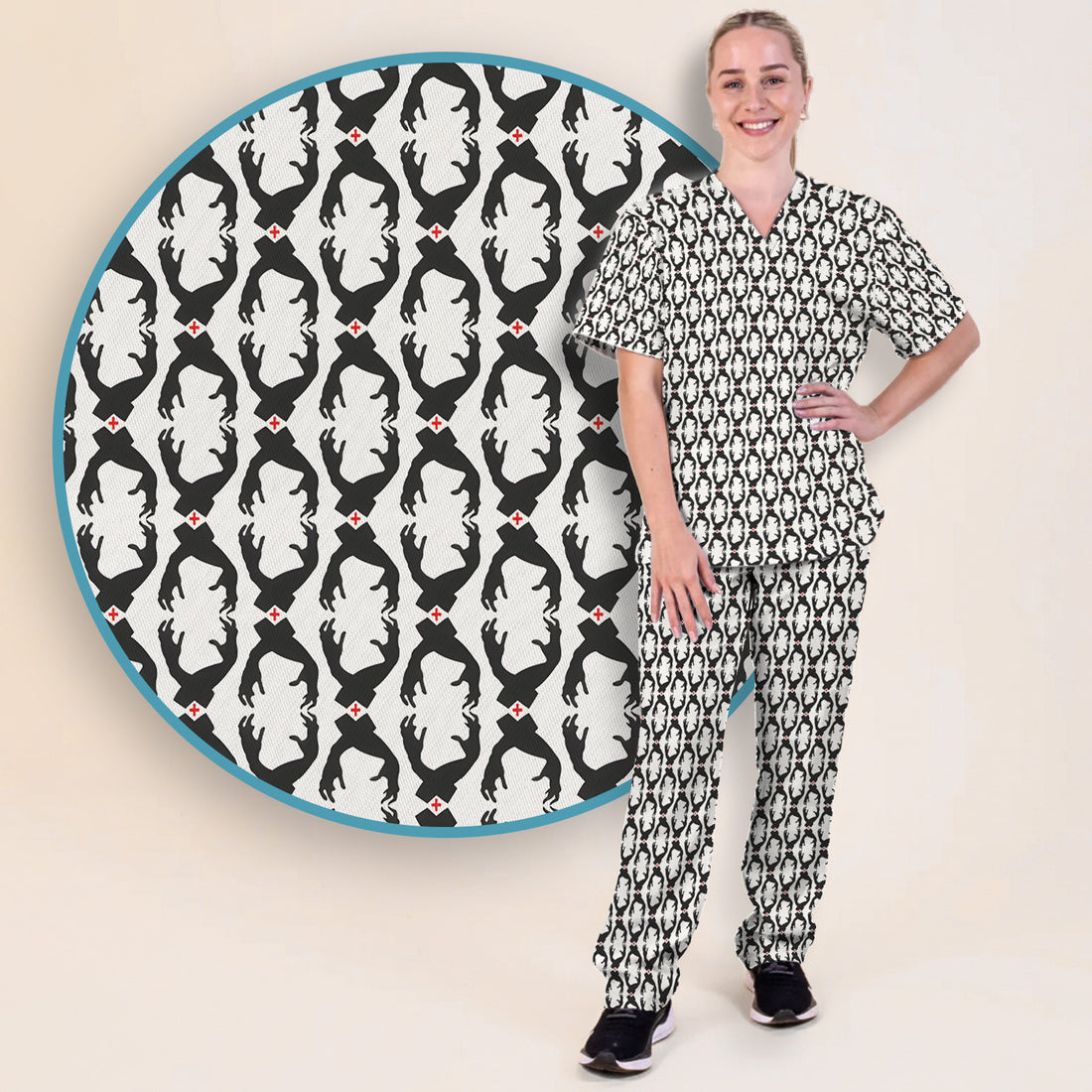 Creepy Hands Black White Red Patterns Scrub Set, Scrub Pants and V Neck Top