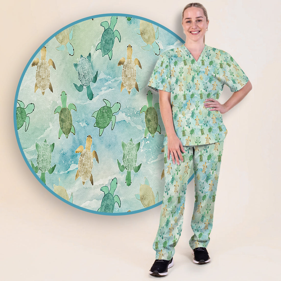 Watercolor Sea Turtle Pattern Scrub Set, Scrub Pants and V Neck Top