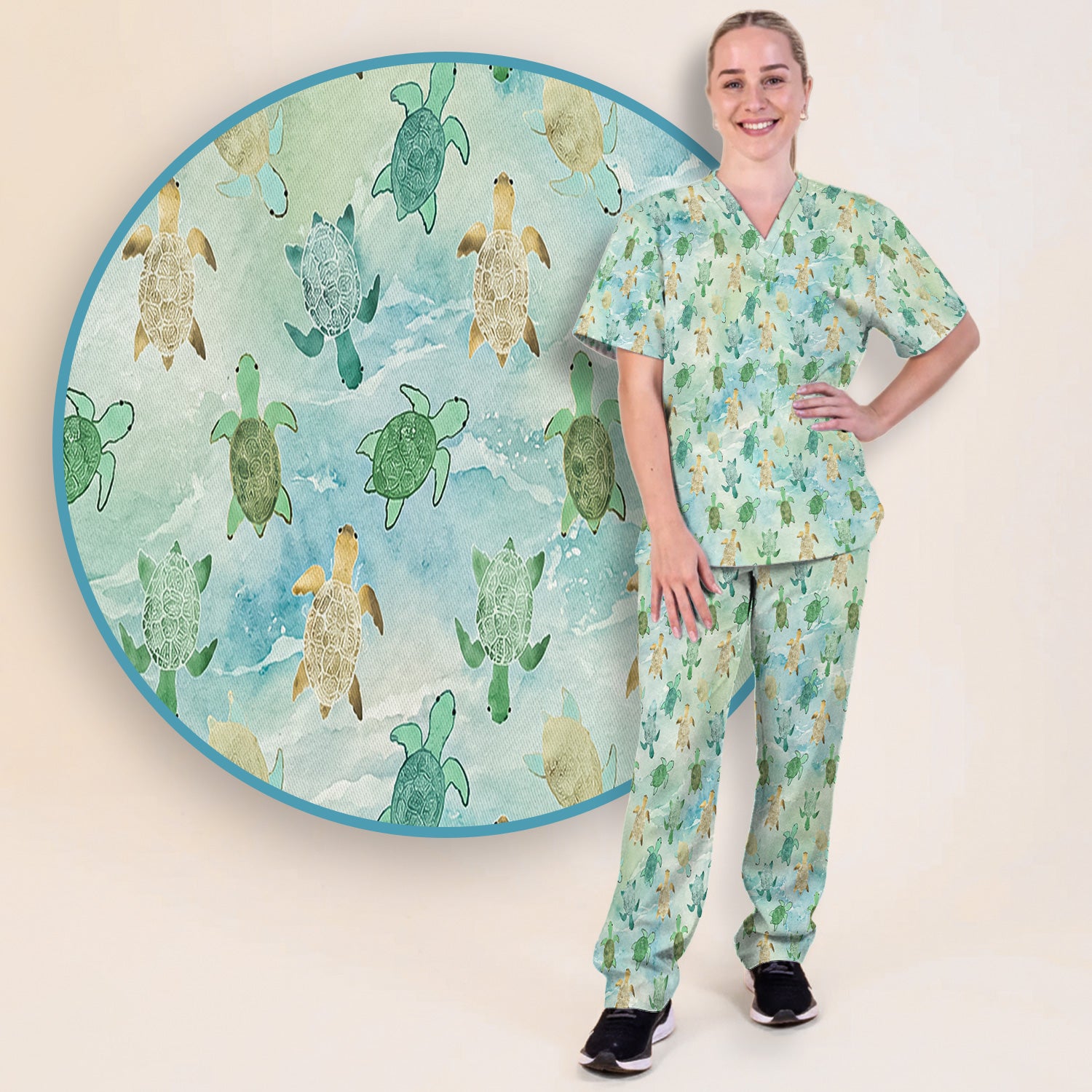 Watercolor Sea Turtle Pattern Scrub Set, Scrub Pants and V Neck Top