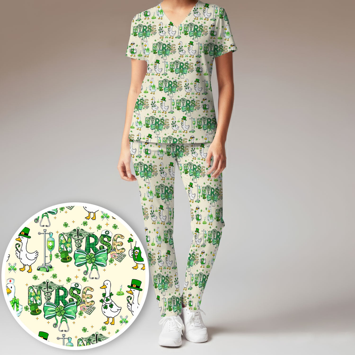 Funny Goose Nurse Shamrock Scrub Set, St. Patrick’s Day Nurse Pattern Shirt, Breathable Fabrics Nursing Uniform