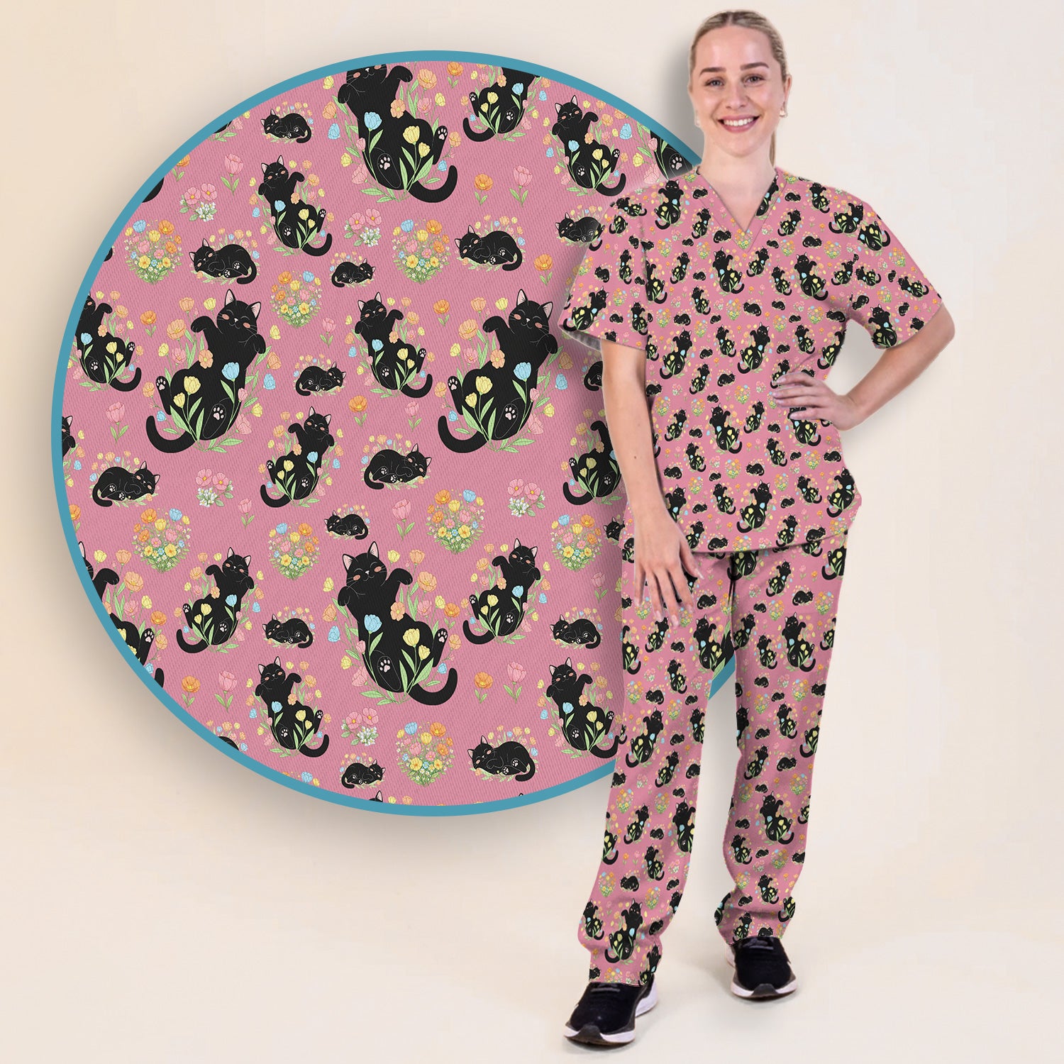 Cats With Cute Poses Floral Pattern Scrubs Sets, Scrub Pants and V Neck Top