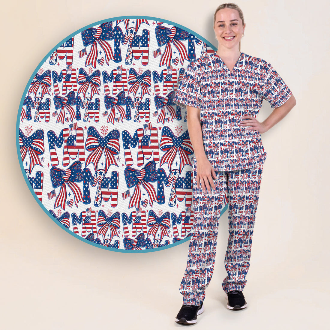 American Flag MaMa Bow Pattern Scrub Set, Breathable Med Uniform