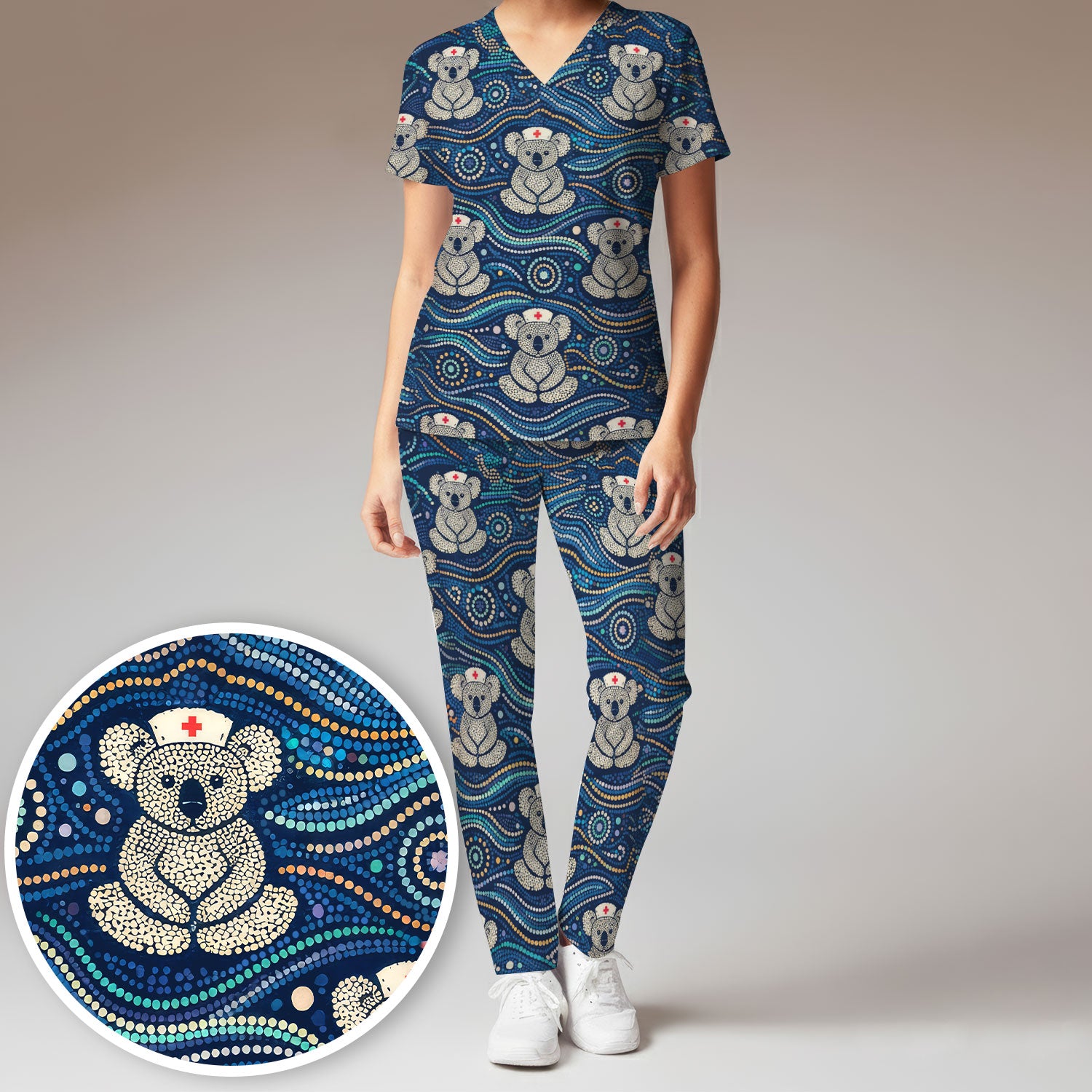 Koala Pattern Nurse Scrub Set, Aboriginal Dot Art Medical Shirt For Women, Breathable Fabrics Nursing Uniform