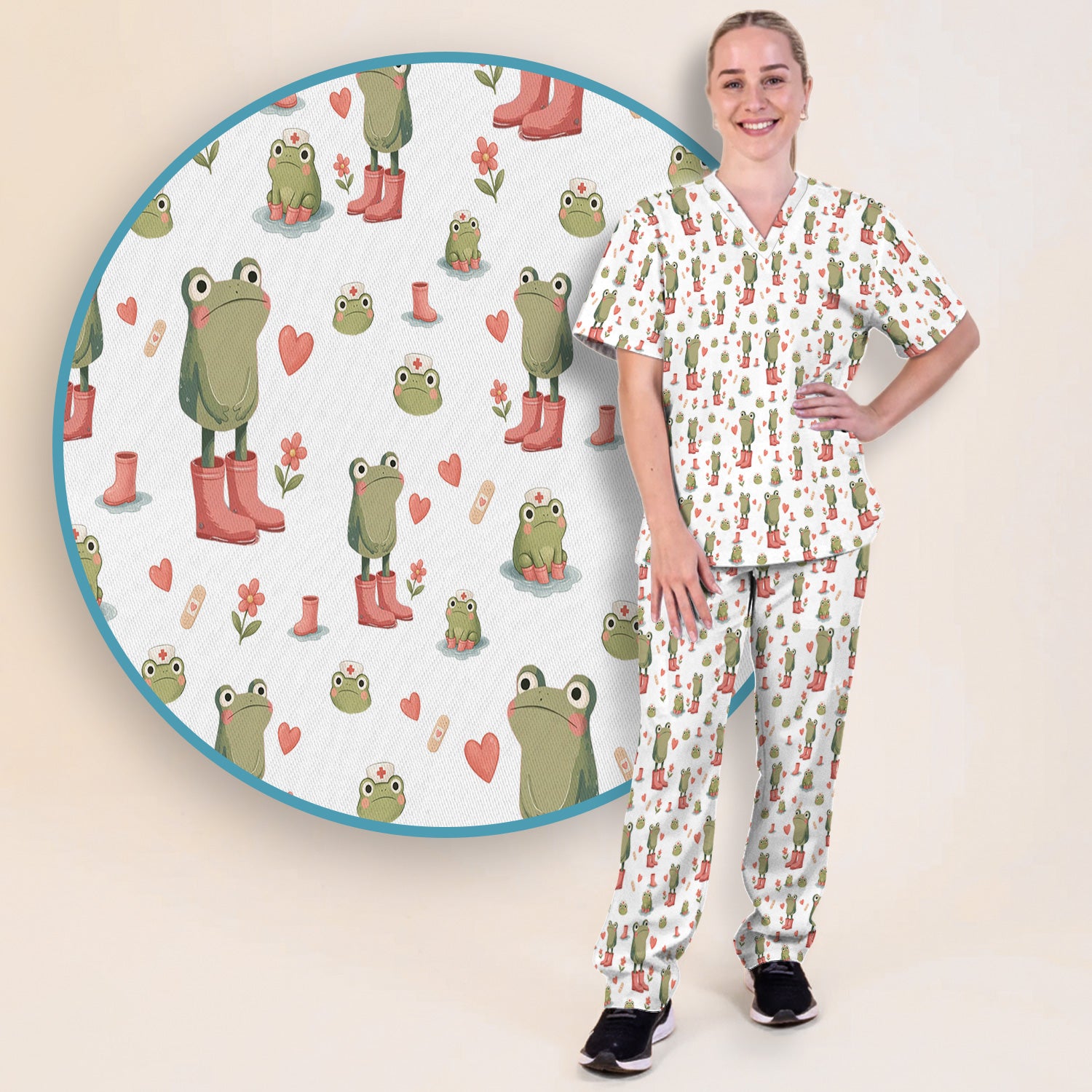 Adorable Frog Boots Heart Pattern Scrub Set, Nurse Uniform Scrubs Set