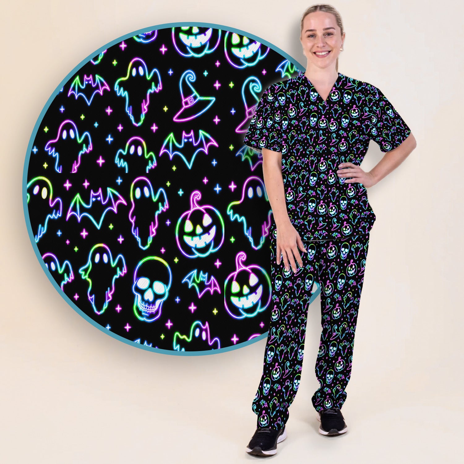 Pumpkin Skull Spooky Print Scrub Set, Scrub Pants and V Neck Top