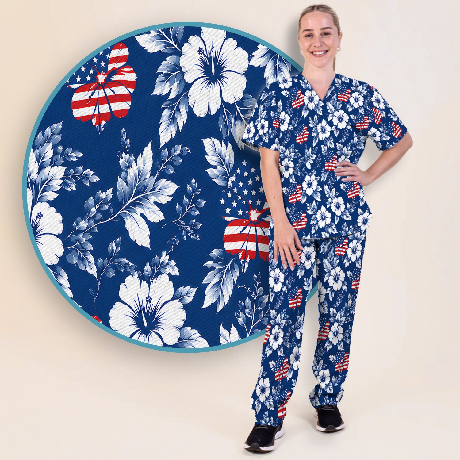 Patriotic Butterfly Floral Nurse for RN & CNA, American Flag Healthcare Workers Uniform Scrub Set, Scrub Pants and V Neck Top