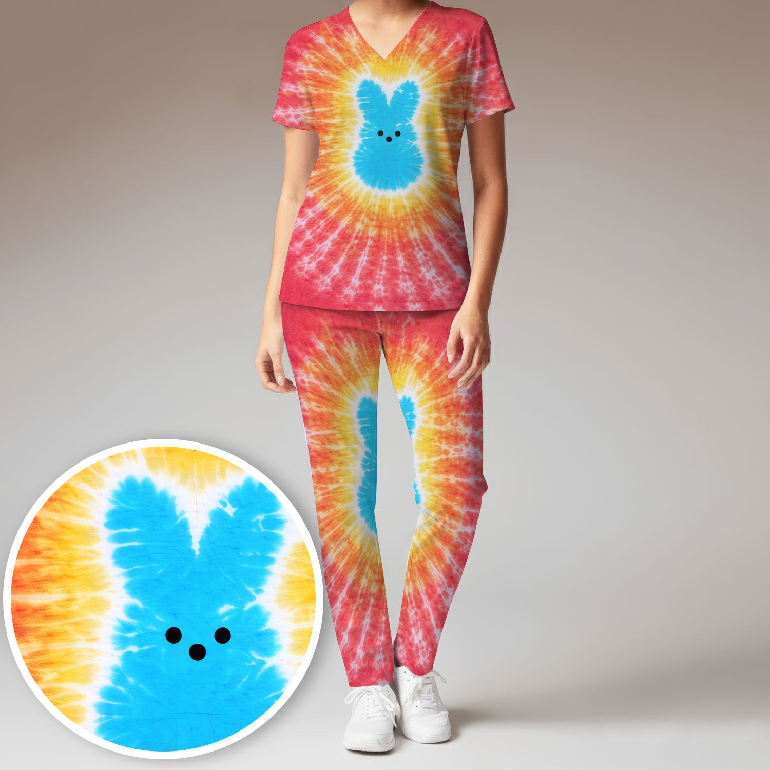 Easter Peep Tie Dye Scrub Set, Easter Bunny Nurse Shirt For Women, Breathable Fabrics Nursing Uniform