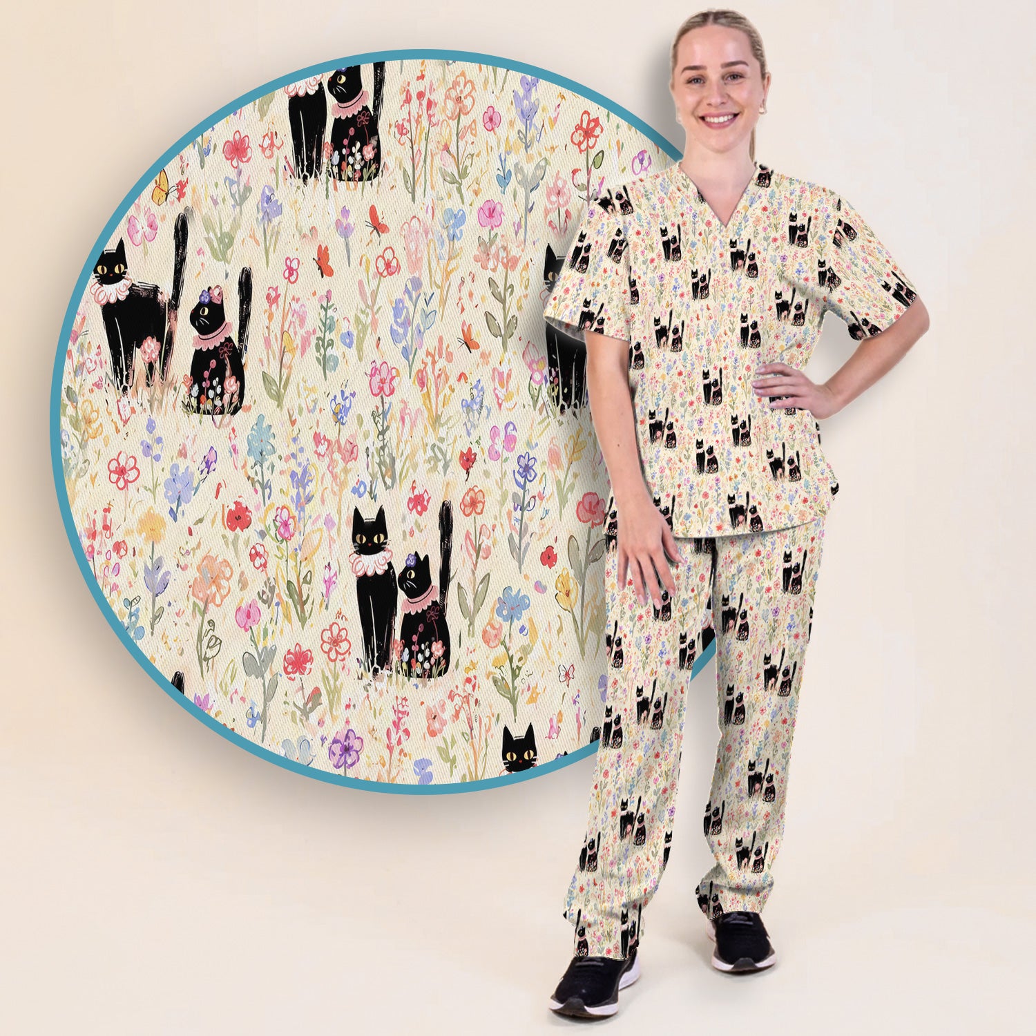 Cute Black Cats Wildflower Garden Pattern Scrub Set, Scrub Pants and V Neck Top