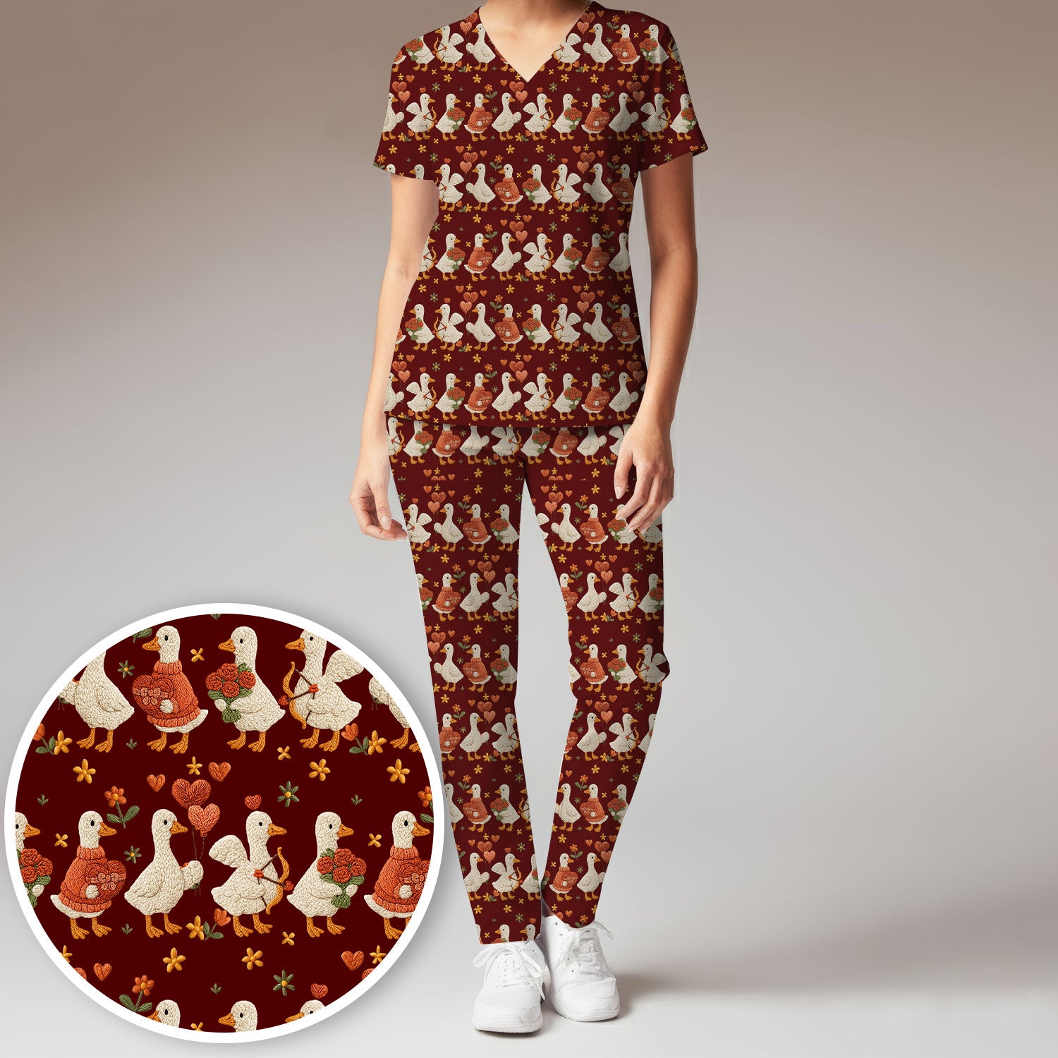 Cute Goose Nurse Scrub Set, Valentine Farm Medical Pattern Shirt, Breathable Fabrics Nursing Uniform