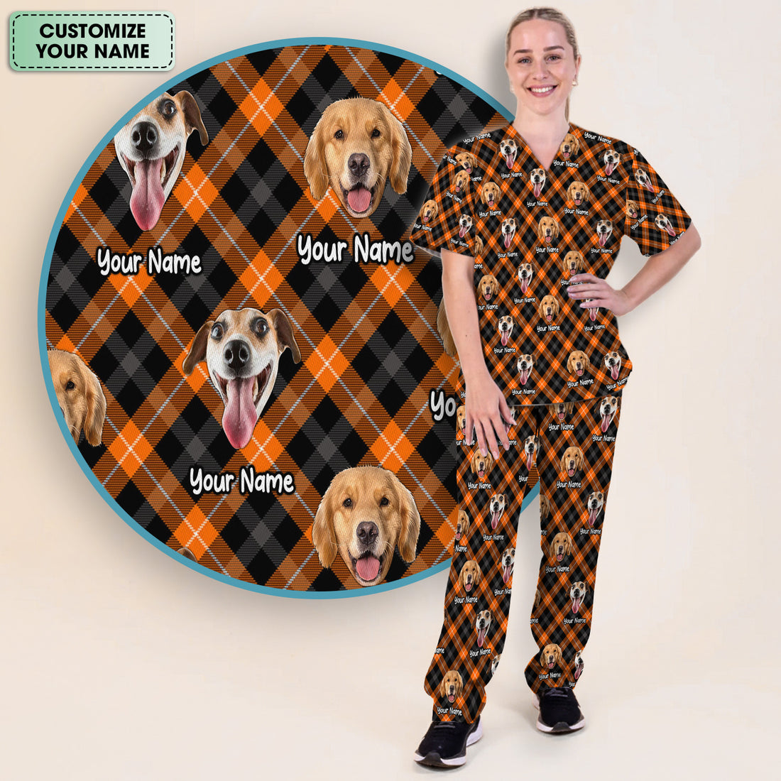 Personalized Halloween Dog Photo Plaid Scrub Set, Scrub Pants and V Neck Top