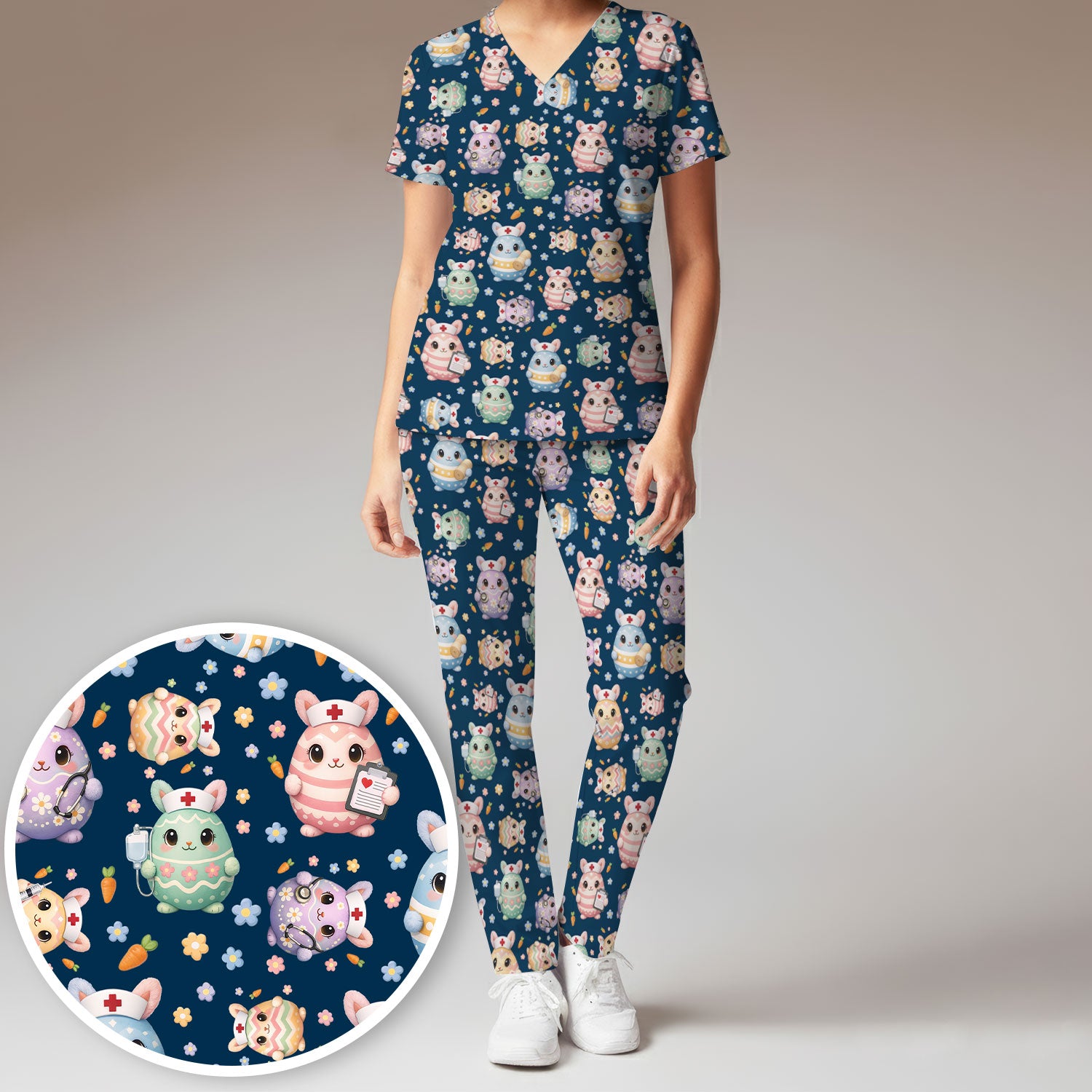 Cute Nurse Bunny Pastel Floral Print Women's Scrub Sets,  Breathable Med Uniform