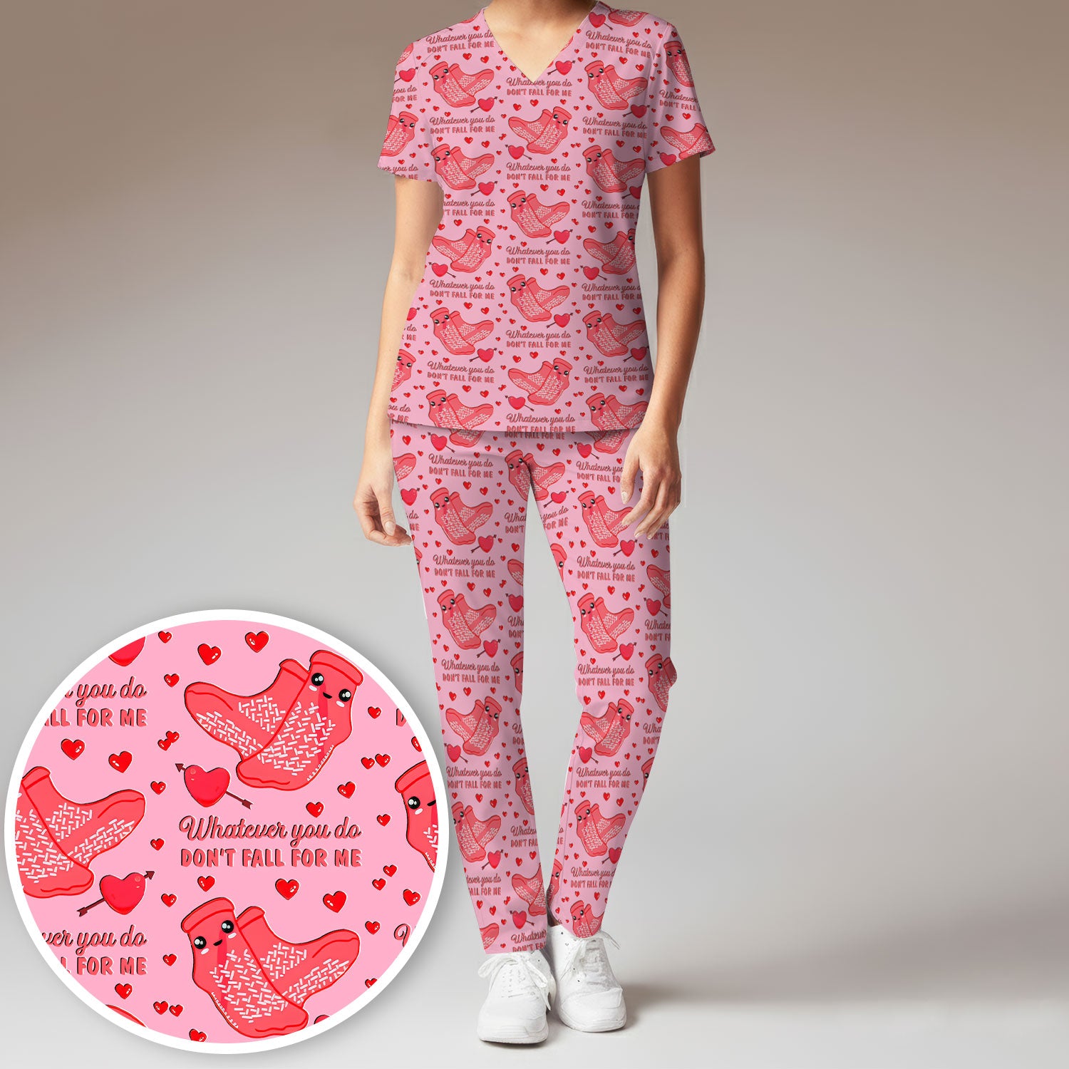 Valentine Funny Love Quote Scrub Set, Scrub Pants and V Neck Top