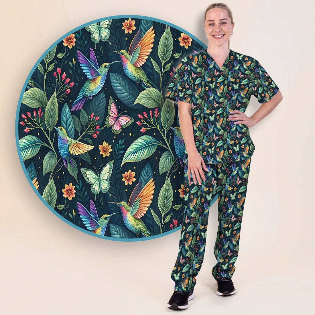Vibrant Hummingbird Garden Nurse for RN, CNA, Botanical Medical Scrub Set, Scrub Pants and V Neck Top