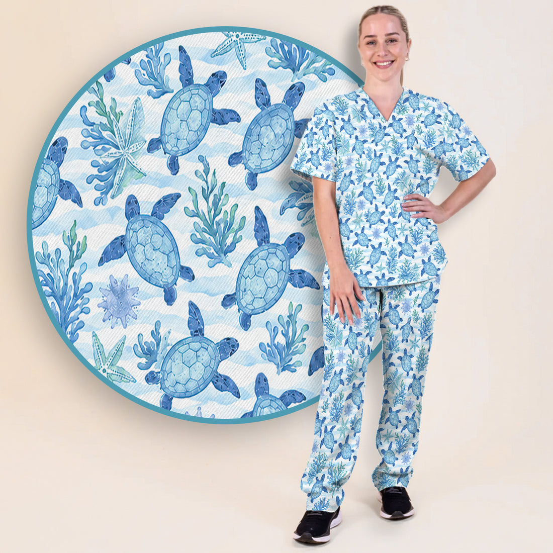Cute Coastal Sea Turtle Coral Pattern Scrub Set, Scrub Pants and V Neck Top