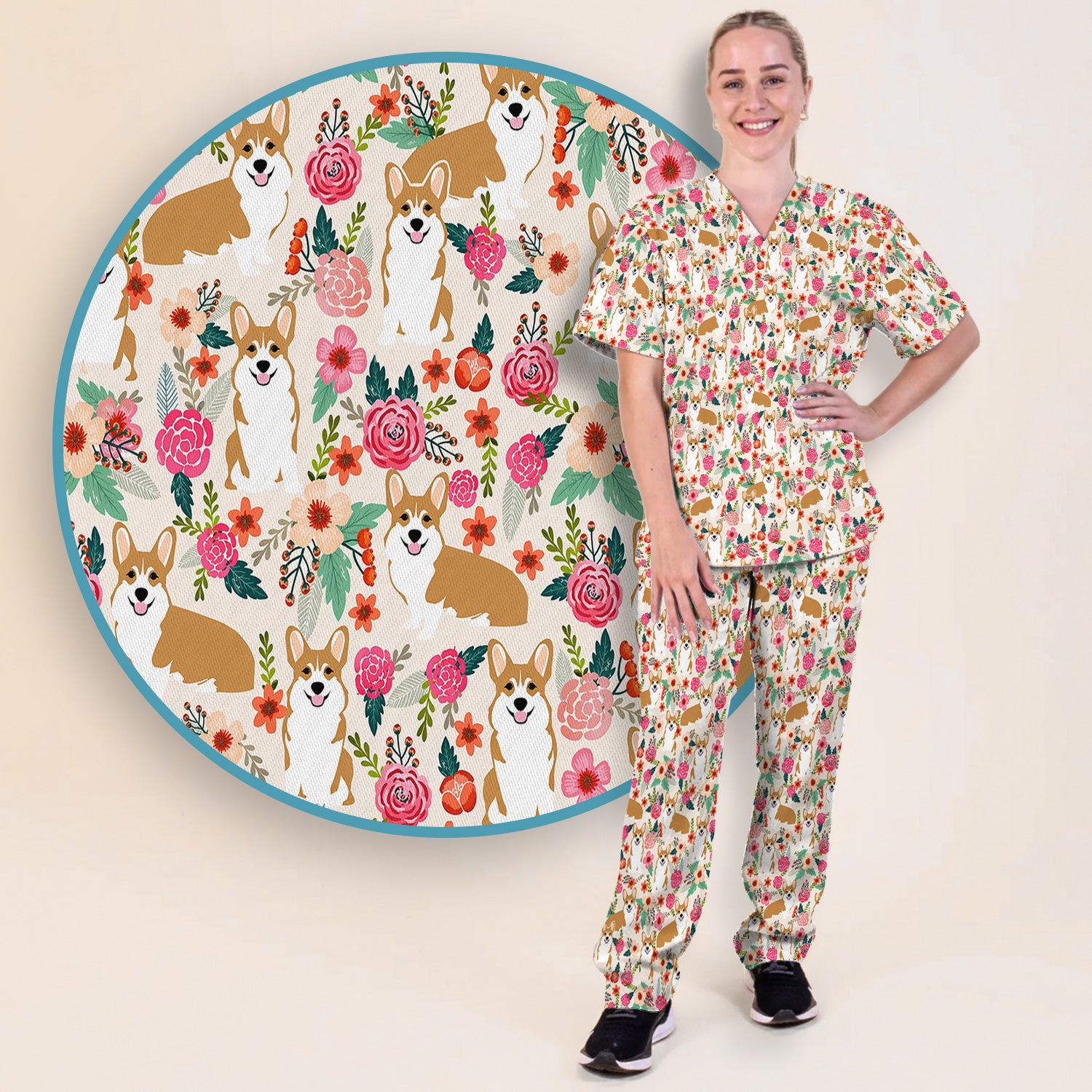 Cute Corgi Dog Floral Garden Pattern Nurse Scrub Set, Scrub Pants and V Neck Top