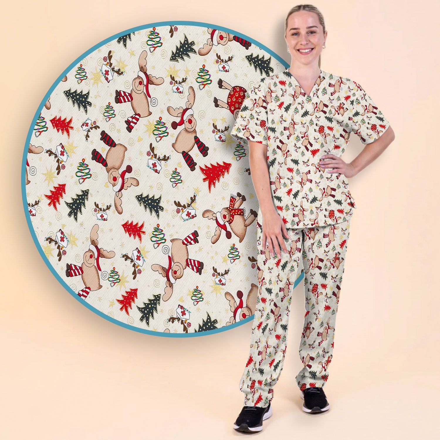 Funny Reindeer Christmas Nurse Scrub Set - Festive Holiday Medical Scrub Pants and V Neck Top - Breathable Med Uniform