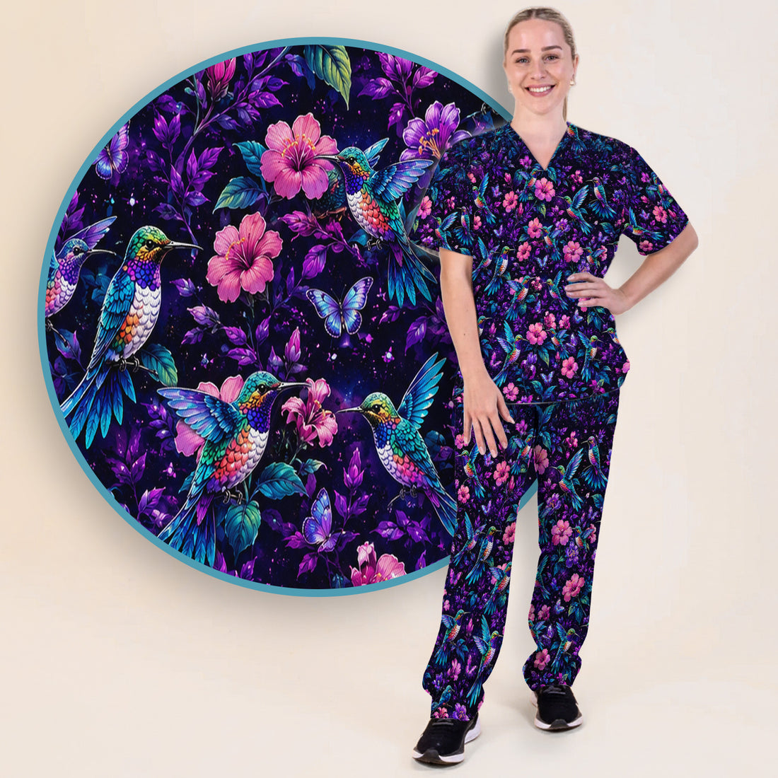 Vibrant Hummingbird Hibiscus Blossom Pattern Scrub Set, Scrub Pants and V Neck Top