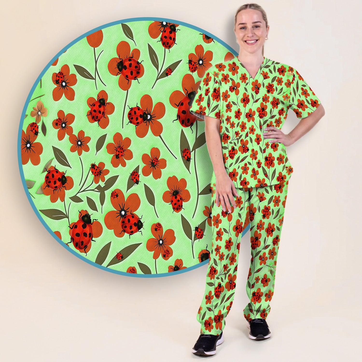 Ladybug on Orange Floral Garden Pattern Scrub Set, Breathable Med Uniform