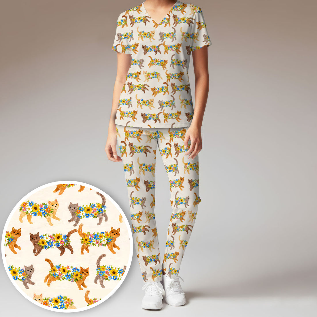 Cute Flower Filled Cat Pattern Scrub Set, Scrub Pants and V Neck Top