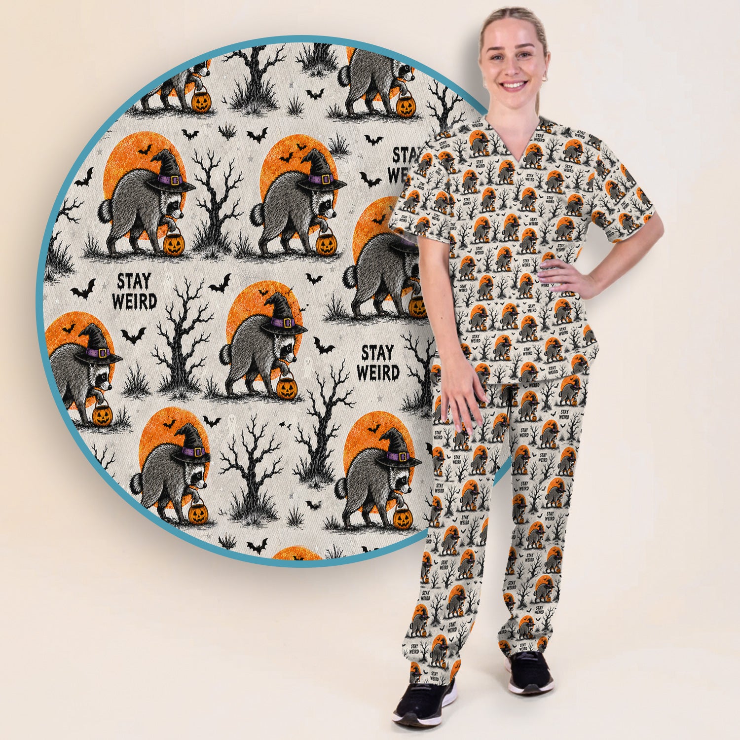 Funny Stay Weird Halloween Raccoon Scrub Set, Scrub Pants and V Neck Top