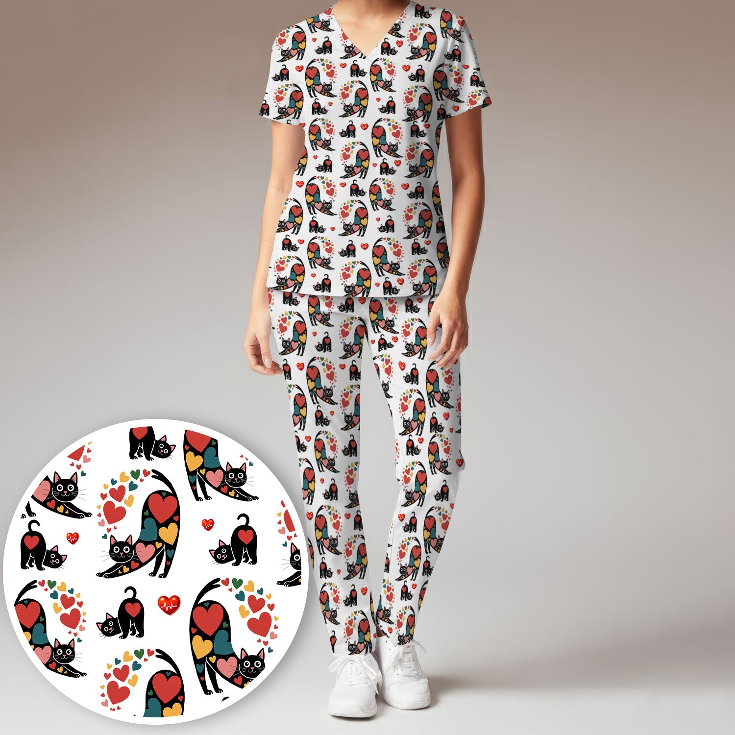 Playful Cat Valentine Heart Print Medical Scrub Set, Breathable Med Uniform