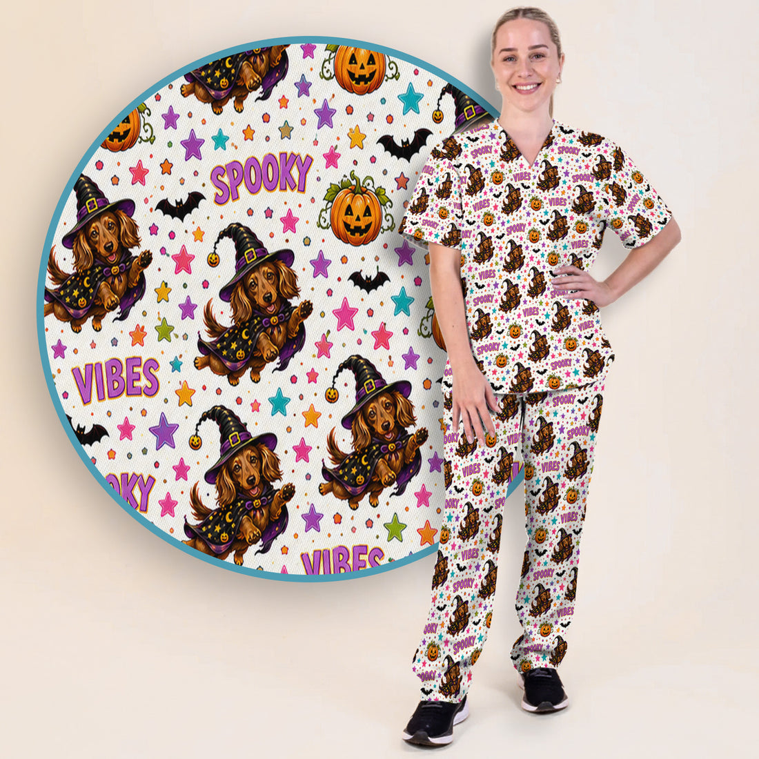 Spooky Dachshund Vibes Print Scrub Set, Scrub Pants and V Neck Top