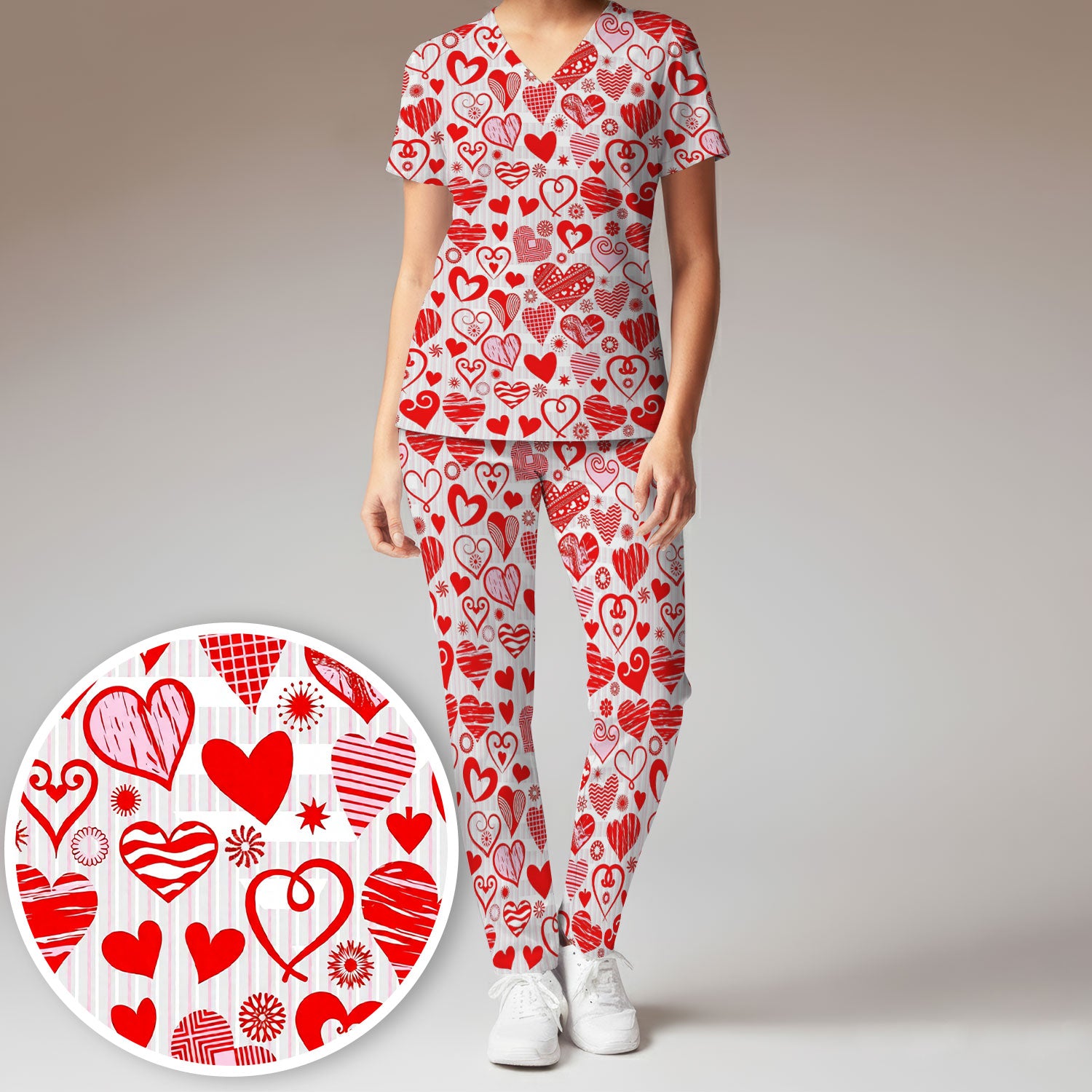 Hearts Scrub Set For Nursing, Valentine Heart Pattern Nurse Shirt, Comfortable Scrubs For Nurses